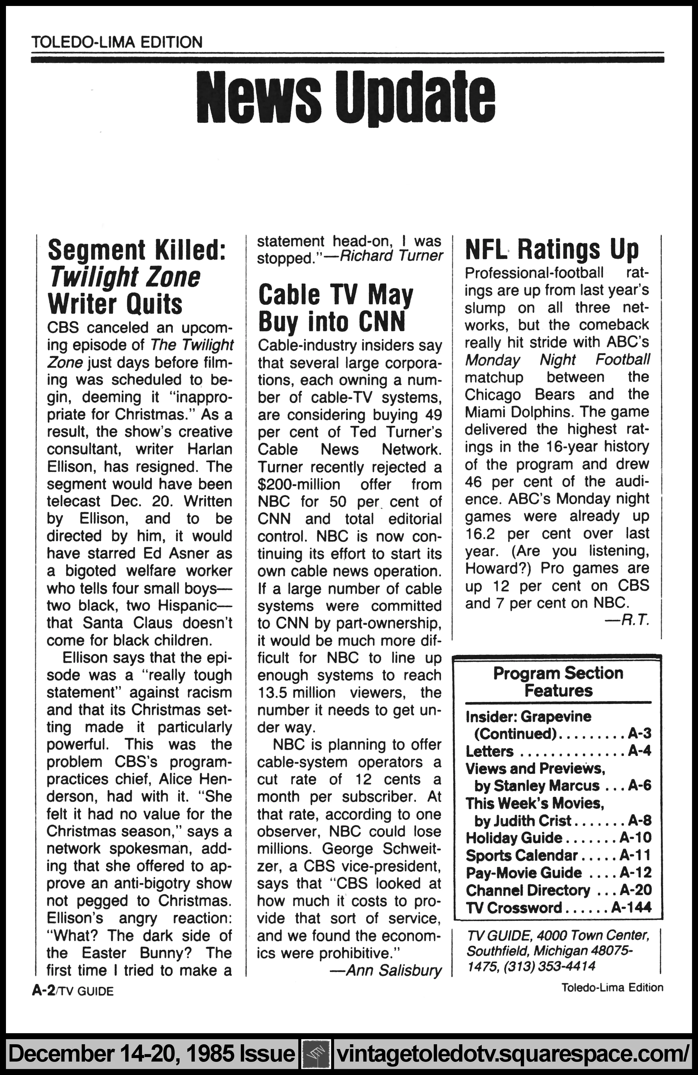 December 14-20, 1985 TV Guide Magazine (Toledo-Lima edition) page A-2 (News Update)