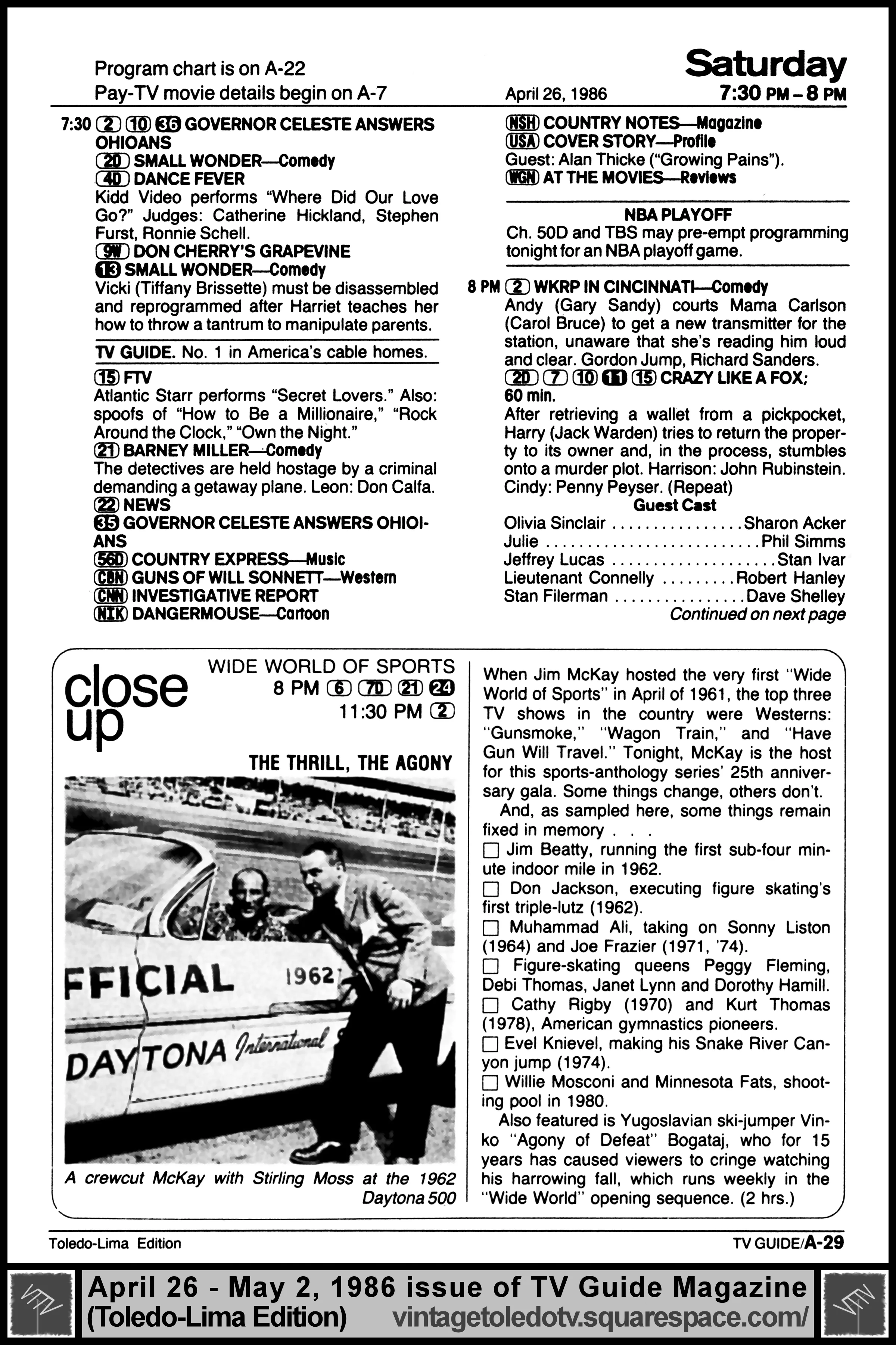 April 26-May 2, 1986 TV Guide Magazine (Toledo-Lima edition) page A-29