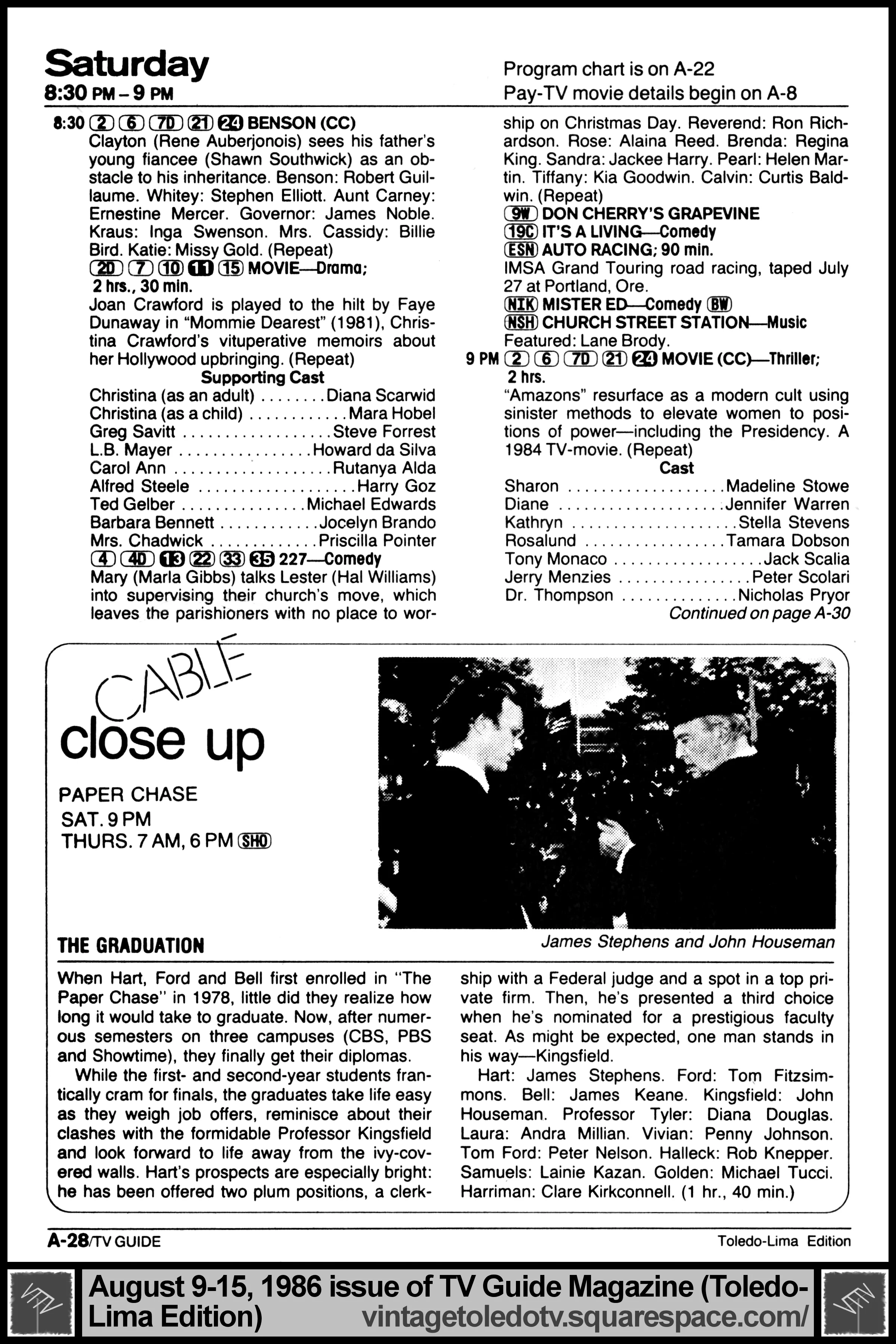August 9-15, 1986 TV Guide Magazine (Toledo-Lima edition) page A-28