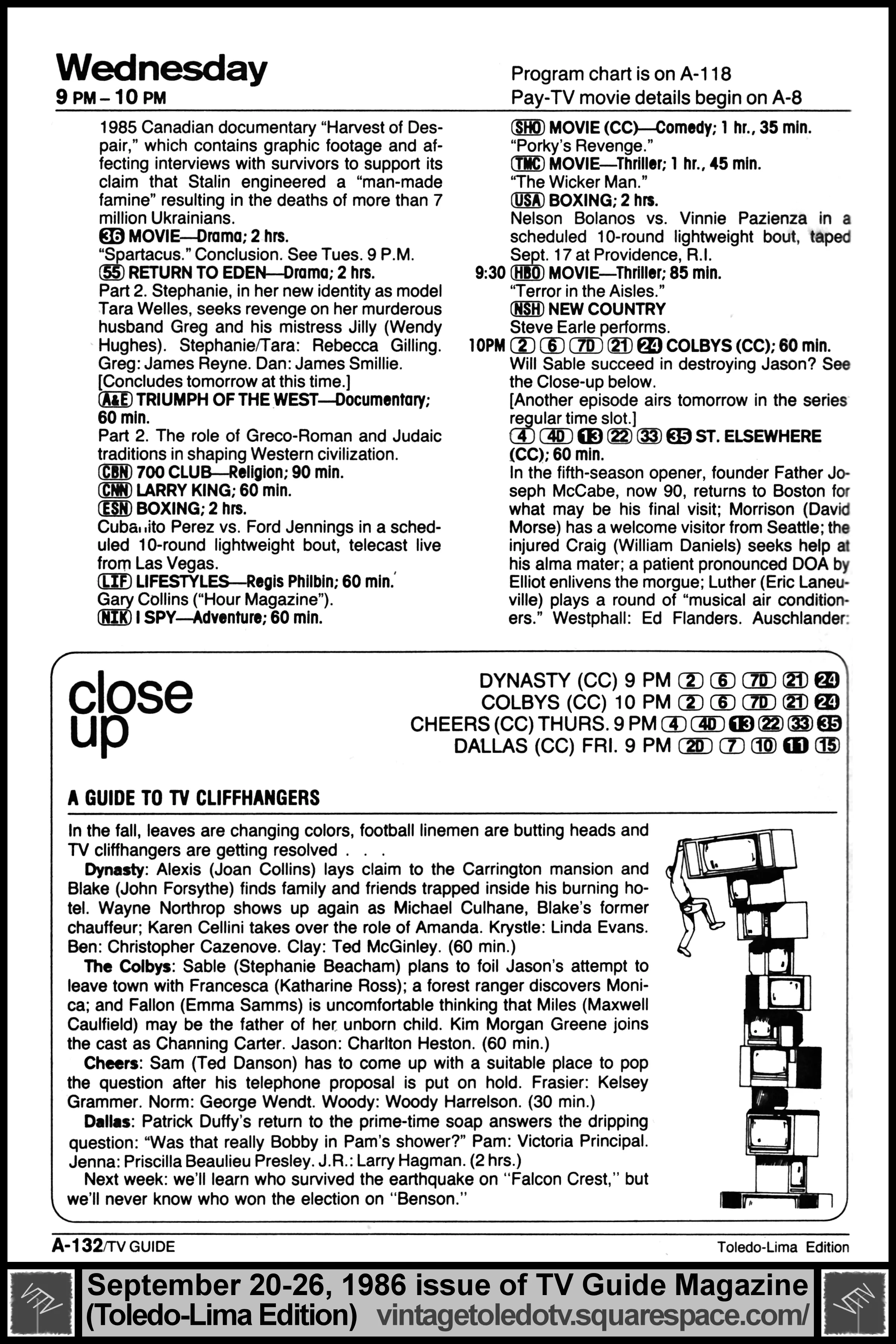 September 20-26, 1986 TV Guide Magazine (Toledo-Lima edition) page A-132