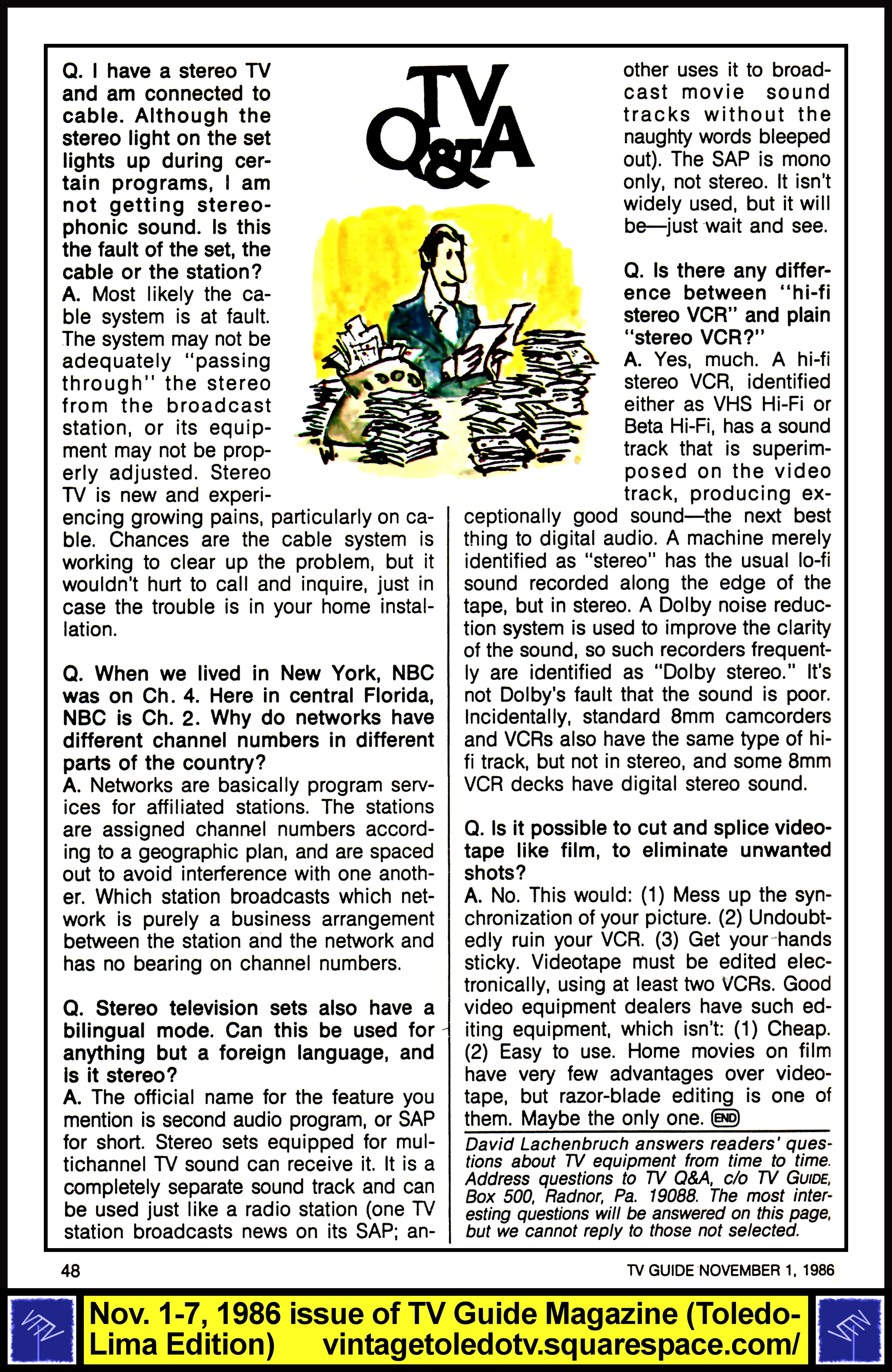 November 1-7, 1986 TV Guide Magazine, page 48 (TV Q&A)