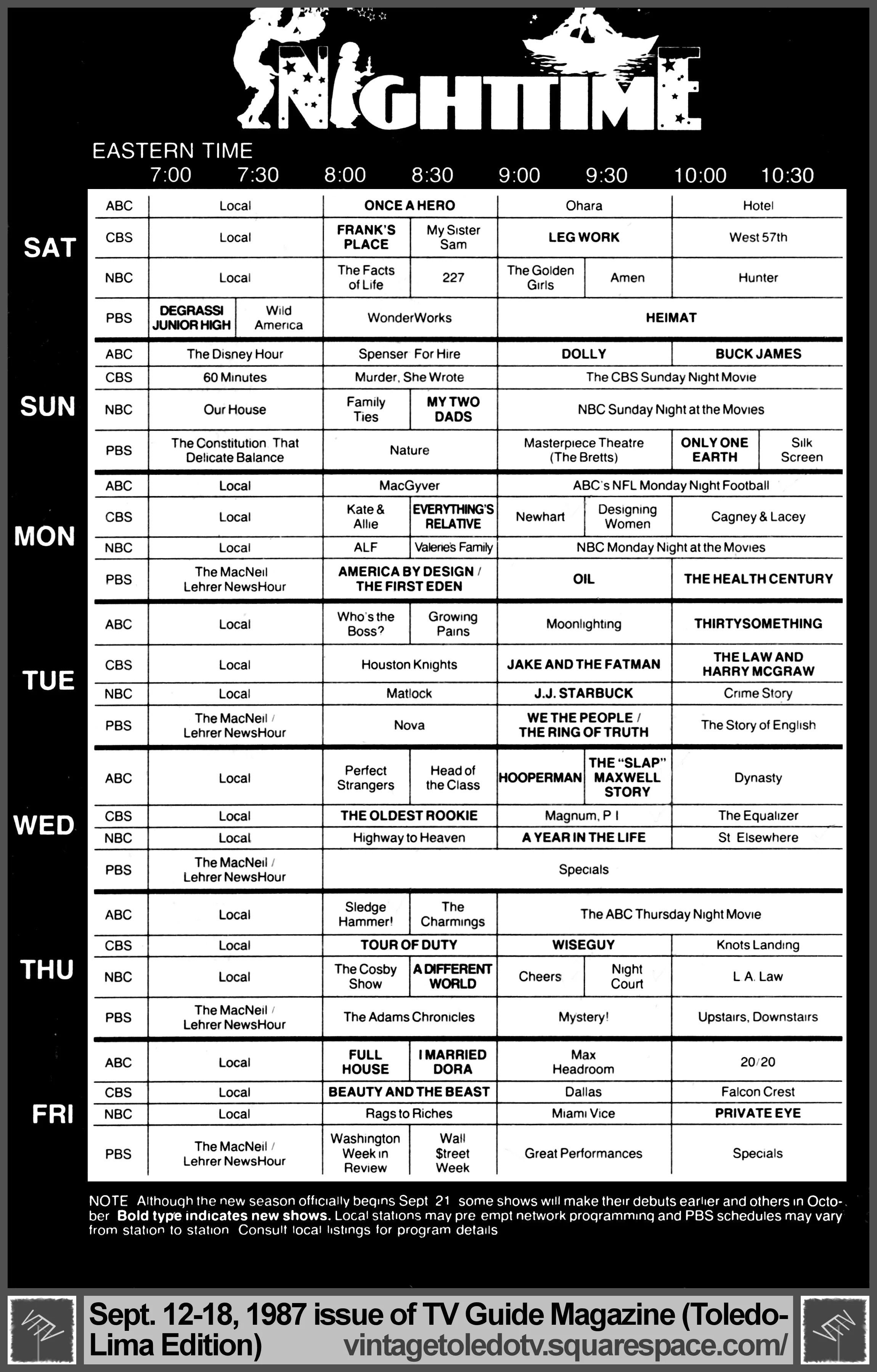 September 12-18, 1987 TV Guide Magazine (Toledo-Lima edition) Nighttime Schedule Grid