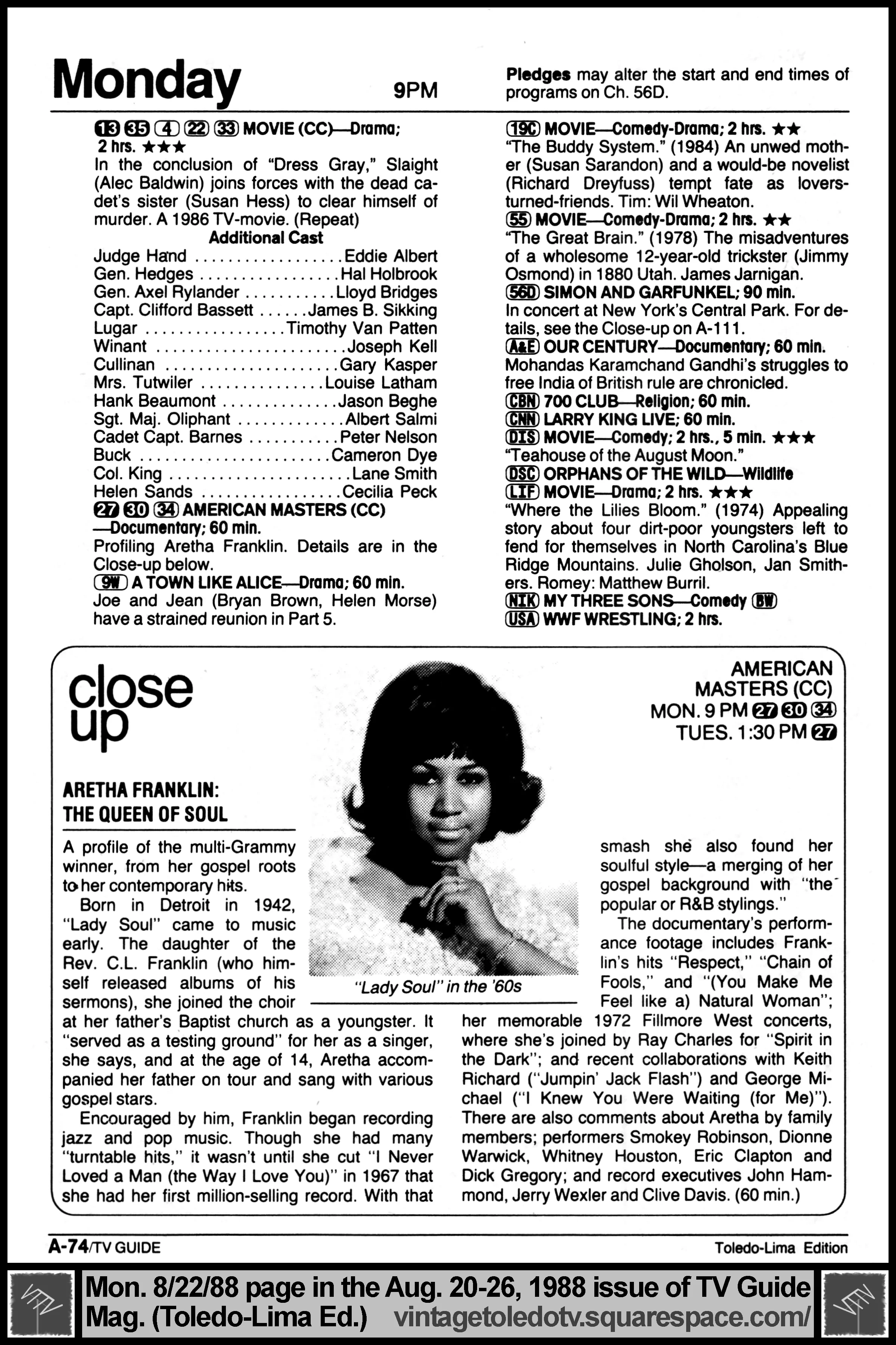 August 20-26, 1988 TV Guide Magazine (Toledo-Lima edition) page A-74