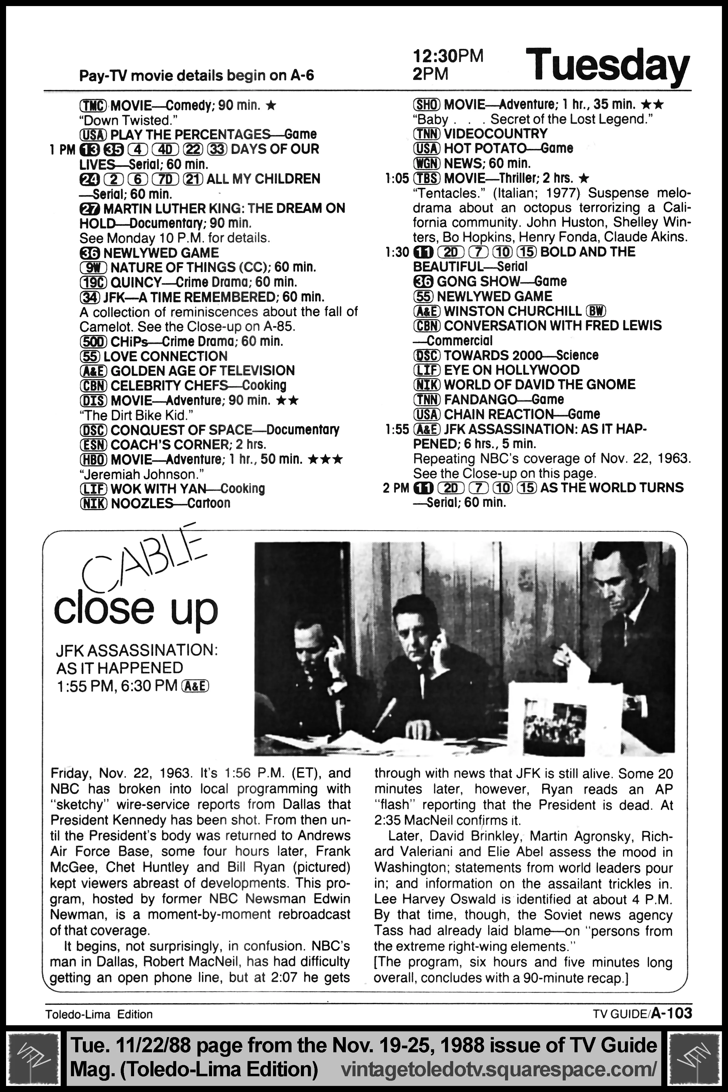 November 19-25, 1988 TV Guide Magazine (Toledo-Lima edition) page A-103