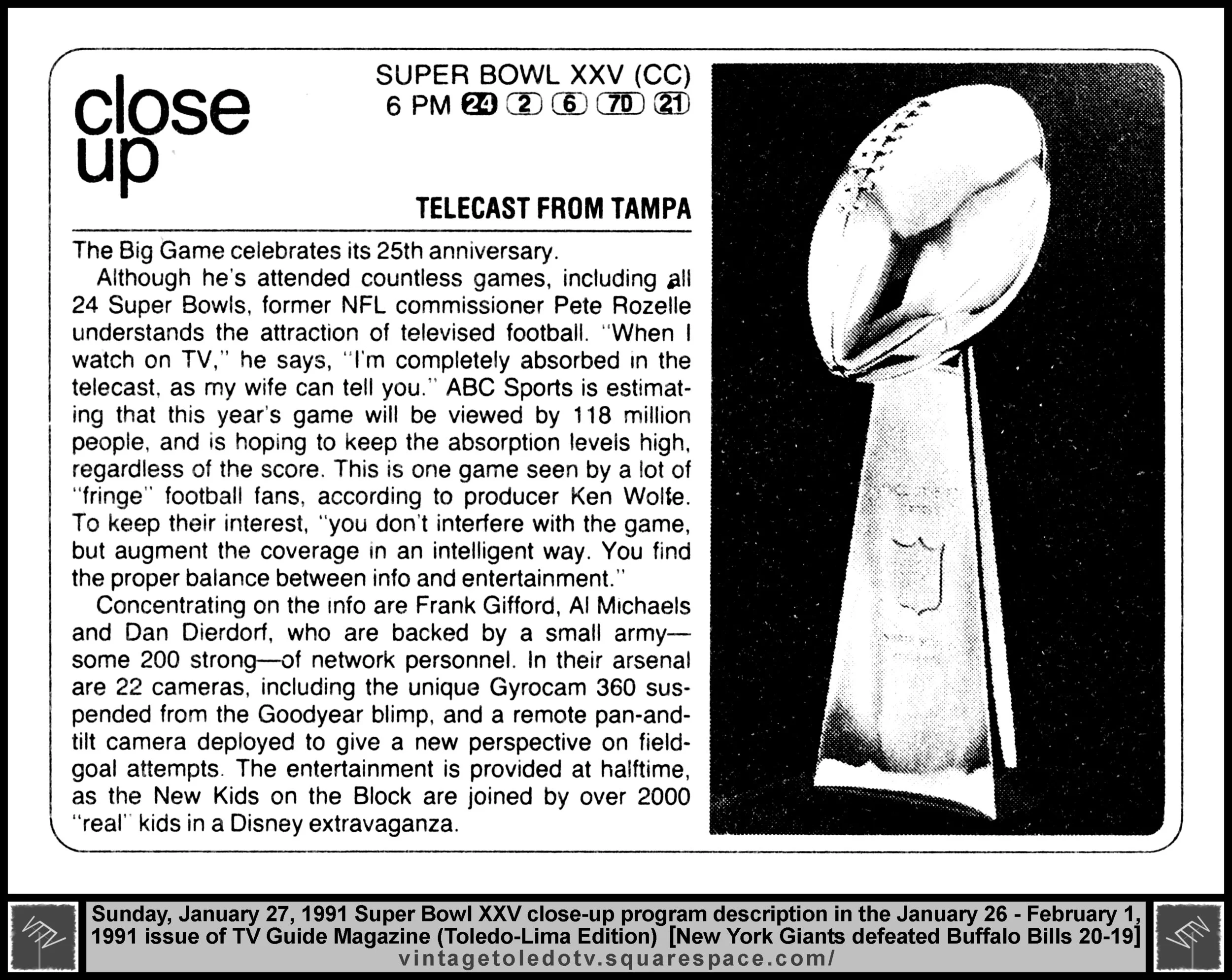 January 26-February 1, 1991 TV Guide Magazine (Toledo-Lima edition) half-page "close-up" for Super Bowl XXV, on ABC