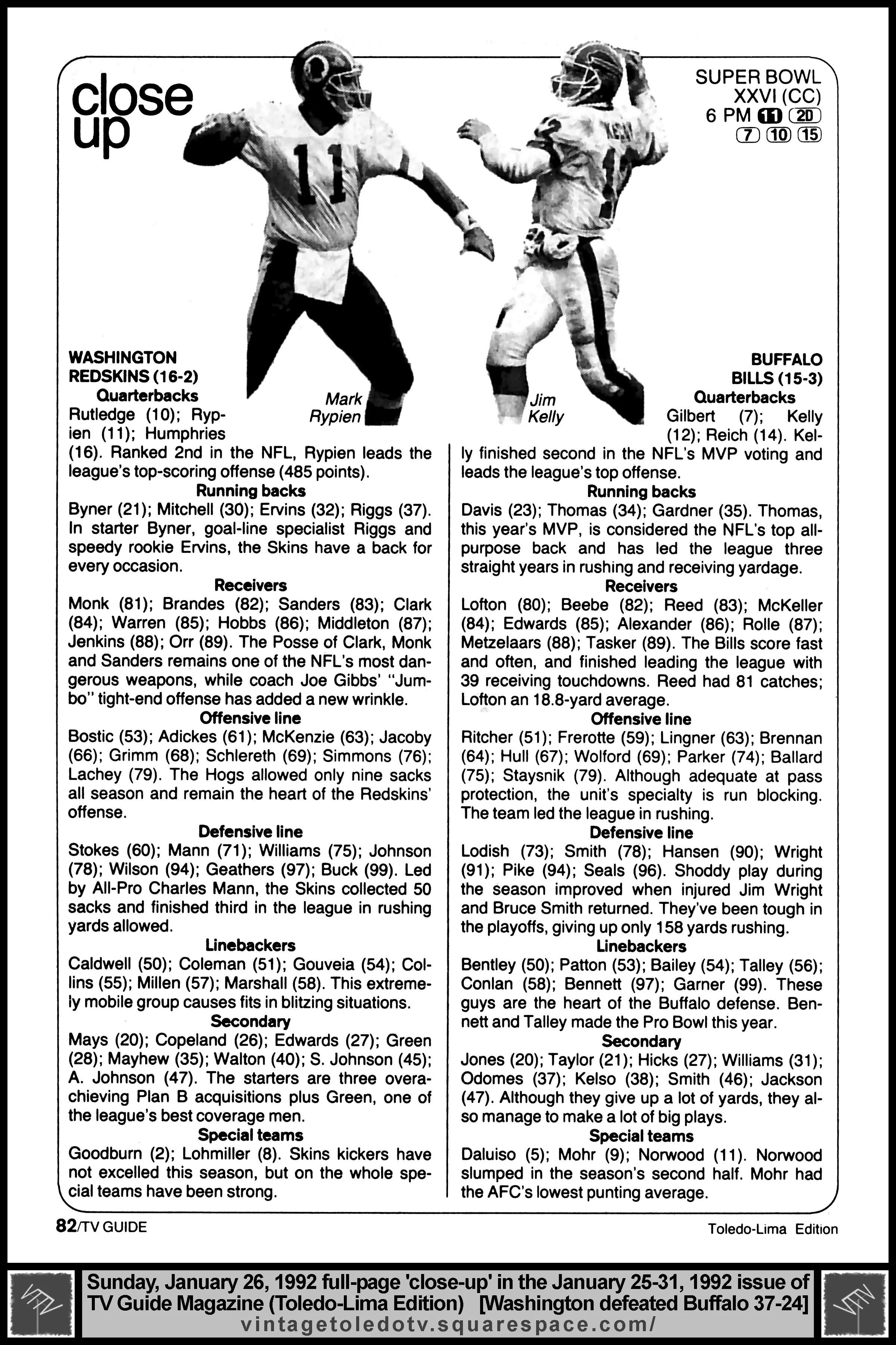 January 25-31, 1992 TV Guide Magazine (Toledo-Lima edition) page 82 (Super Bowl XXVI close-up)