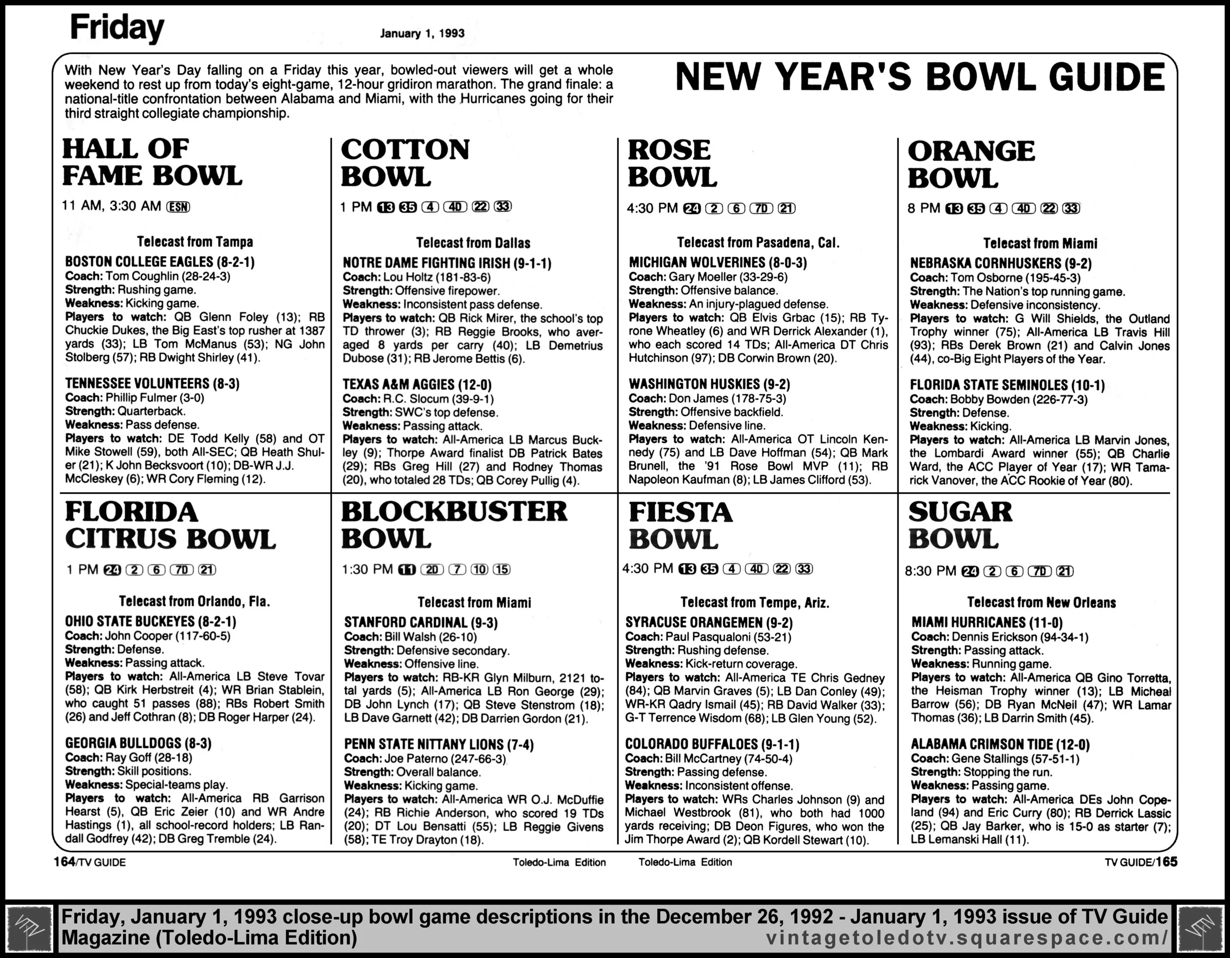 December 26, 1992-January 1, 1993 TV Guide Magazine (Toledo-Lima edition) pages 164 & 165 (New Year's Bowl Guide)
