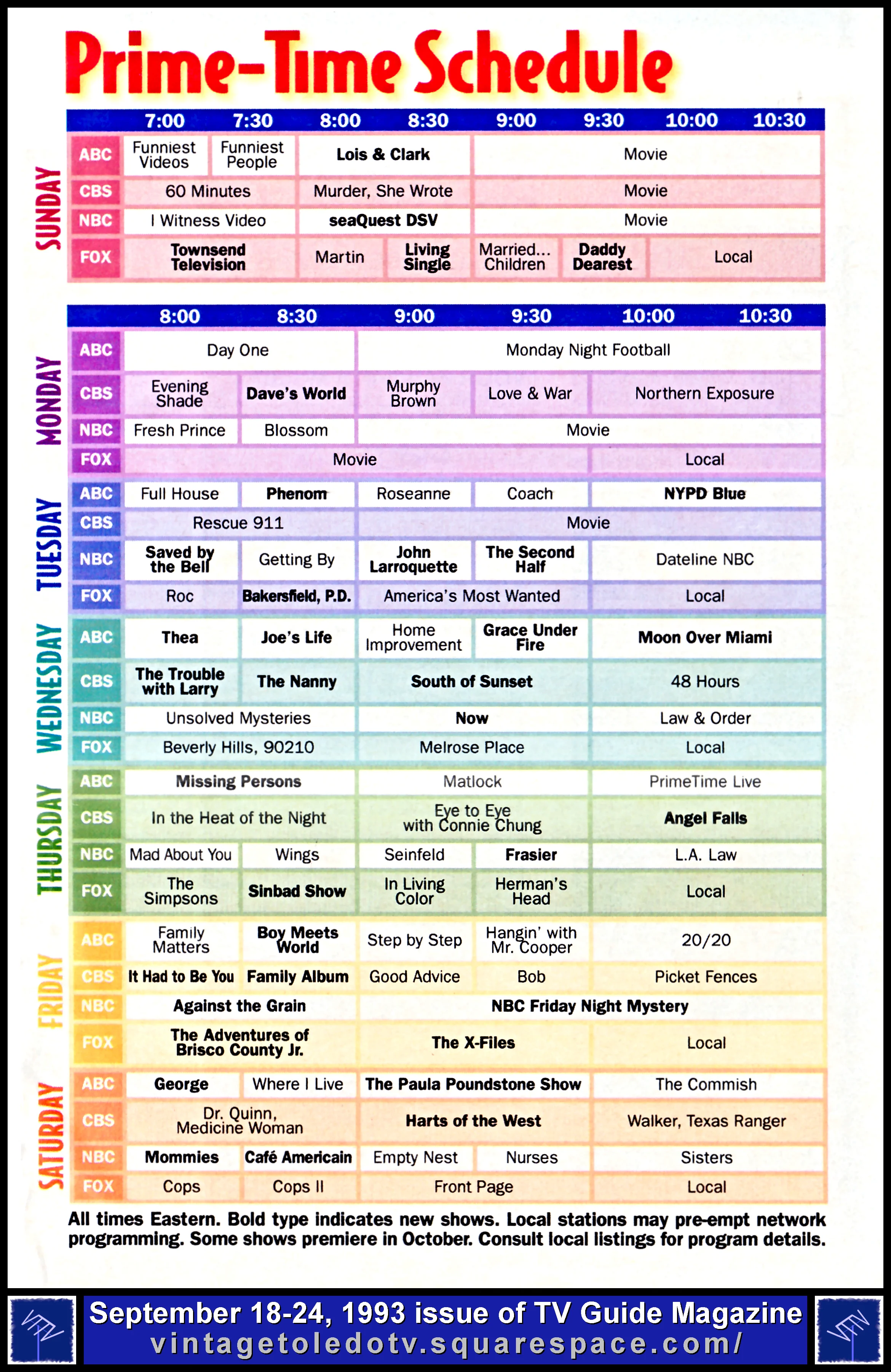 September 18-24, 1993 TV Guide Magazine Prime-Time Schedule for Fall 1993