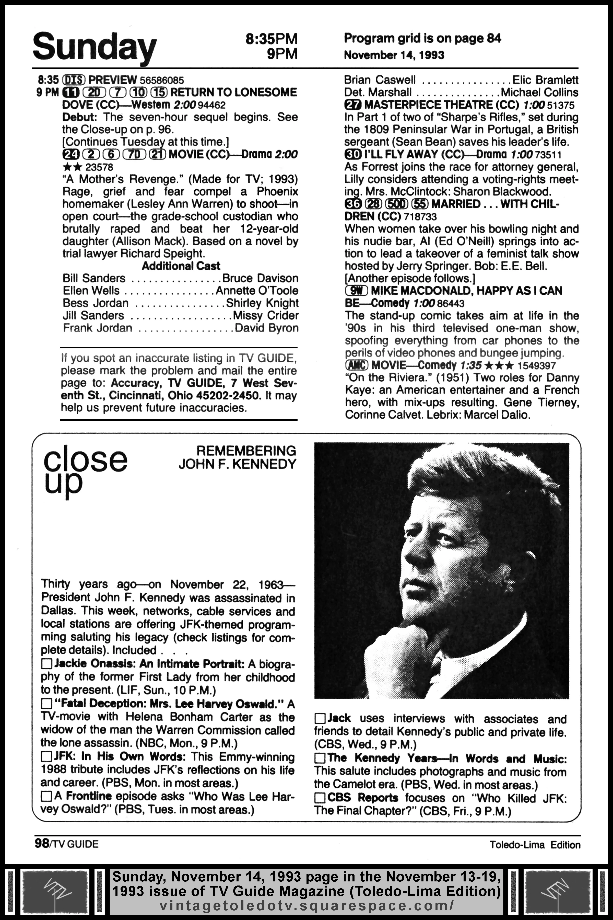 November 13-19, 1993 TV Guide Magazine (Toledo-Lima edition) page 98