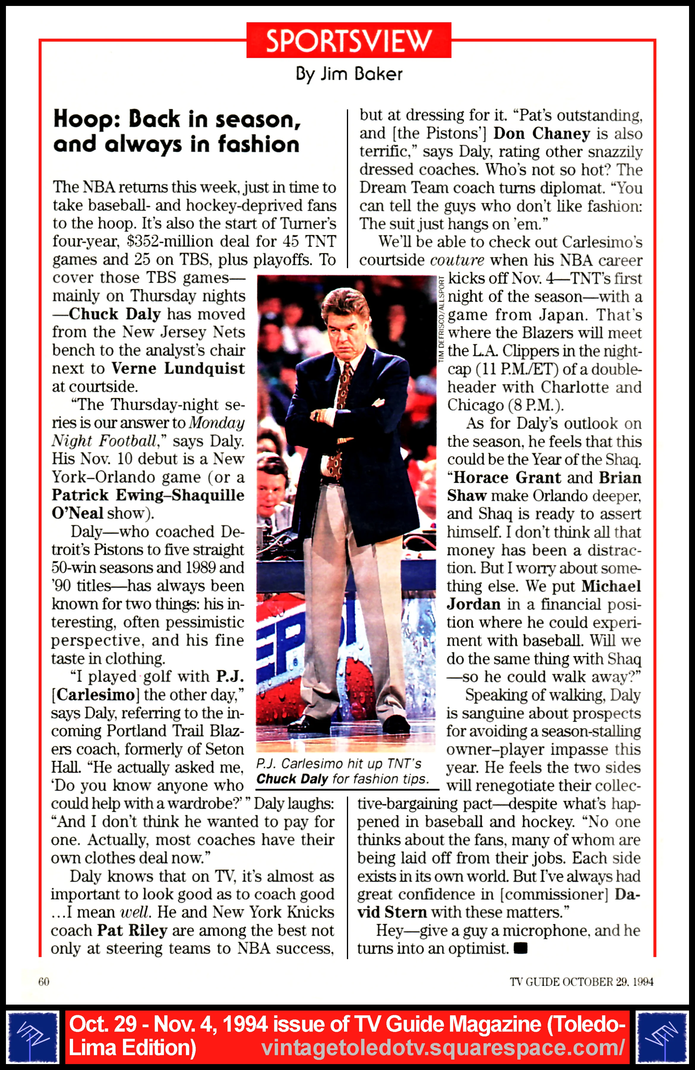 October 29-November 4, 1994 TV Guide Magazine, page 60 (Sportsview by Jim Baker)