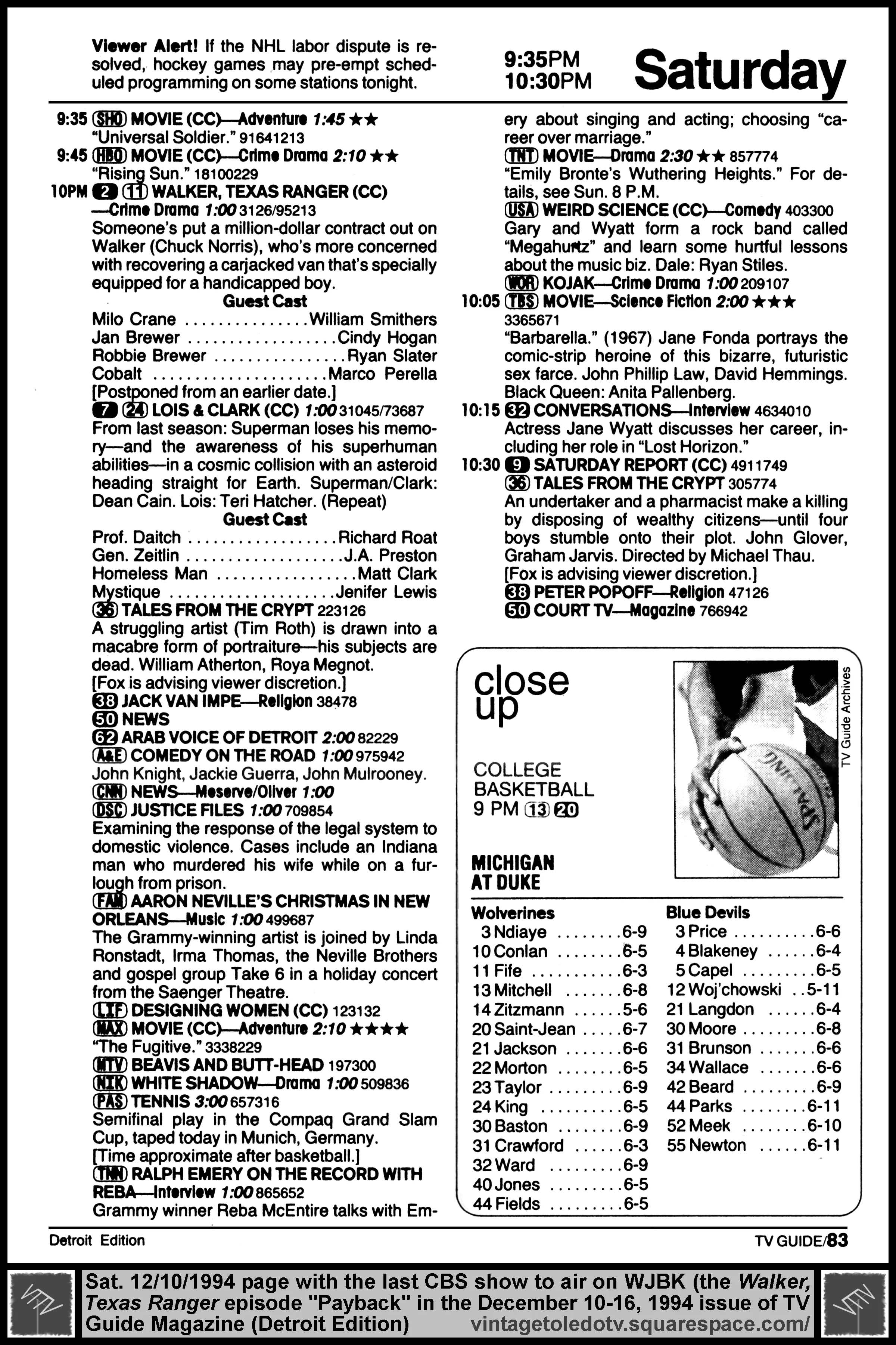 December 10-16, 1994 TV Guide Magazine (Detroit edition) page 83