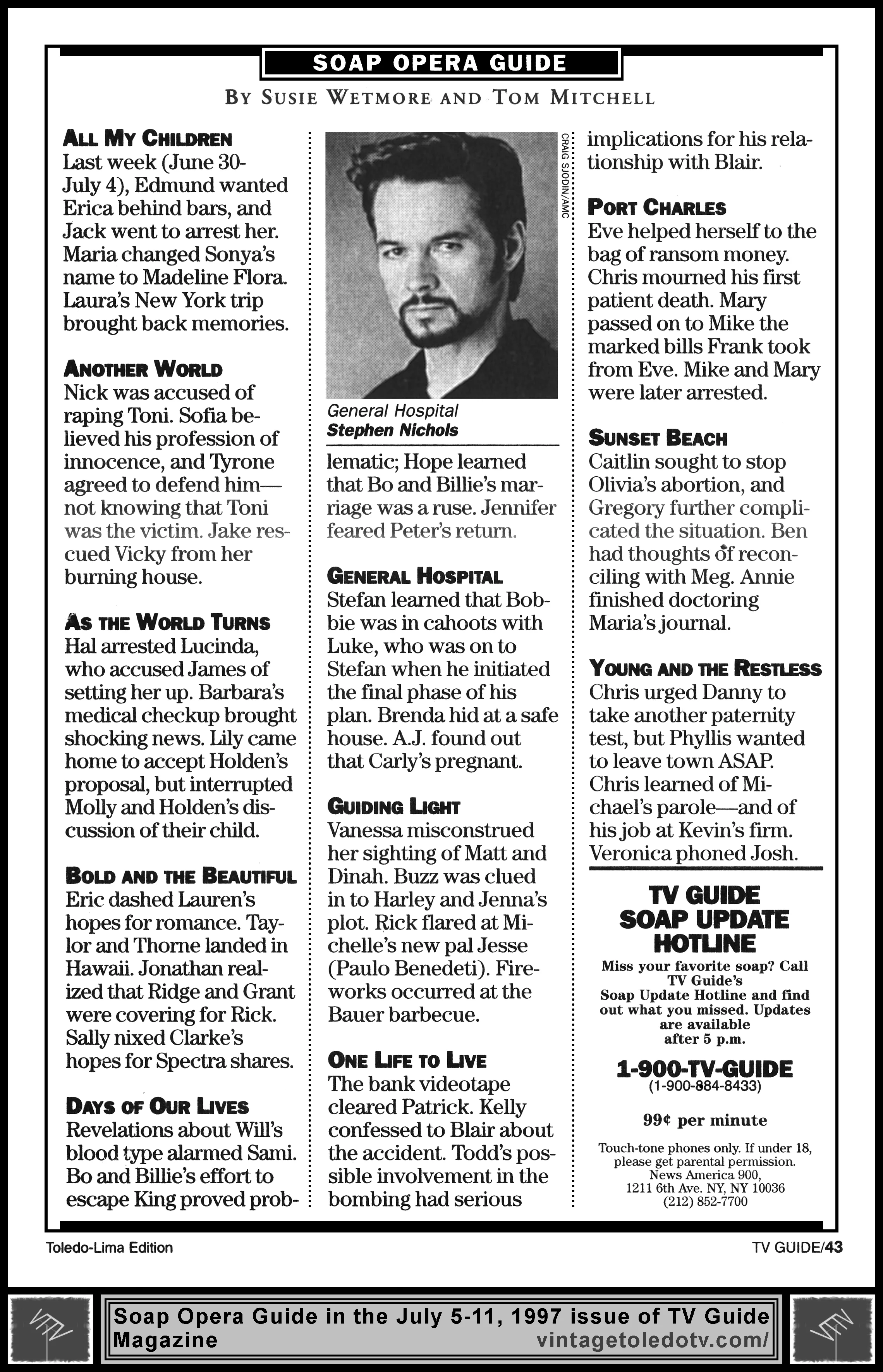 July 5-11, 1997 TV Guide Magazine, page 43 (Soap Opera Guide by Susie Wetmore ans Tom Mitchell)