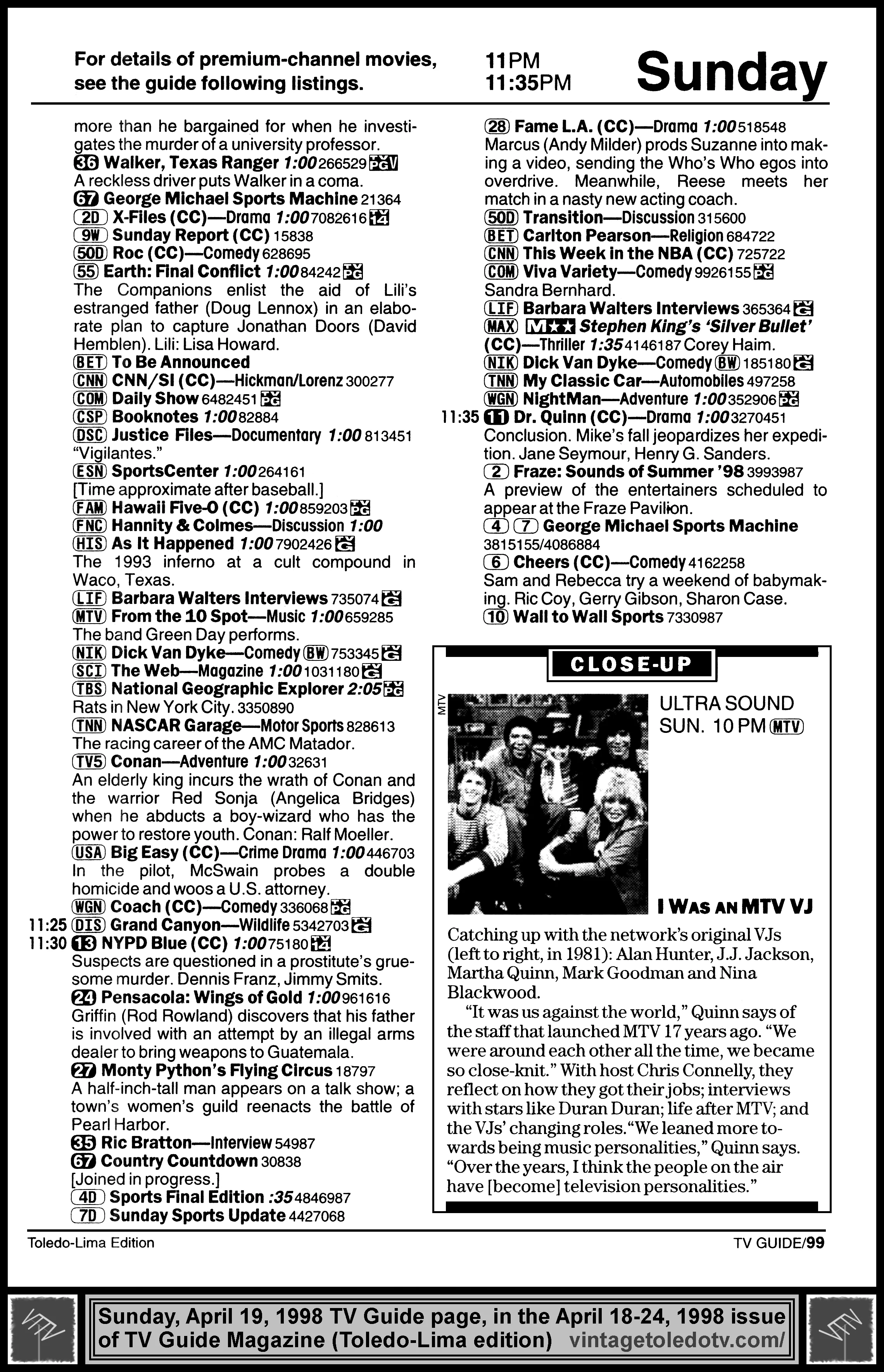 April 18-24, 1998 TV Guide Magazine (Toledo-Lima edition) page 99