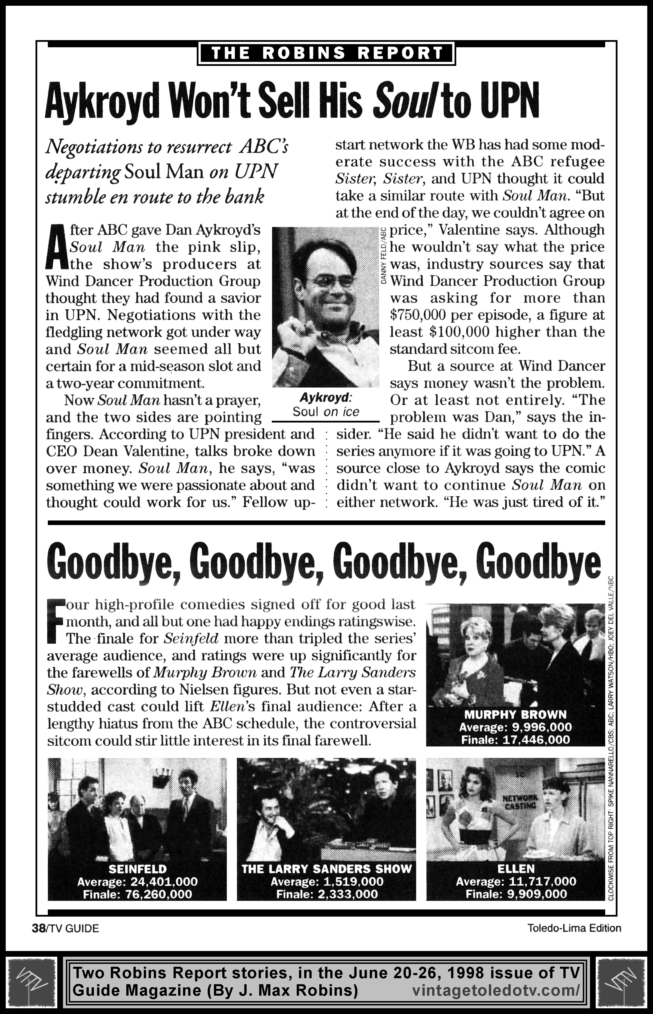 June 20-26, 1998 TV Guide Magazine (Toledo-Lima edition) page 38 (The Robins Report)