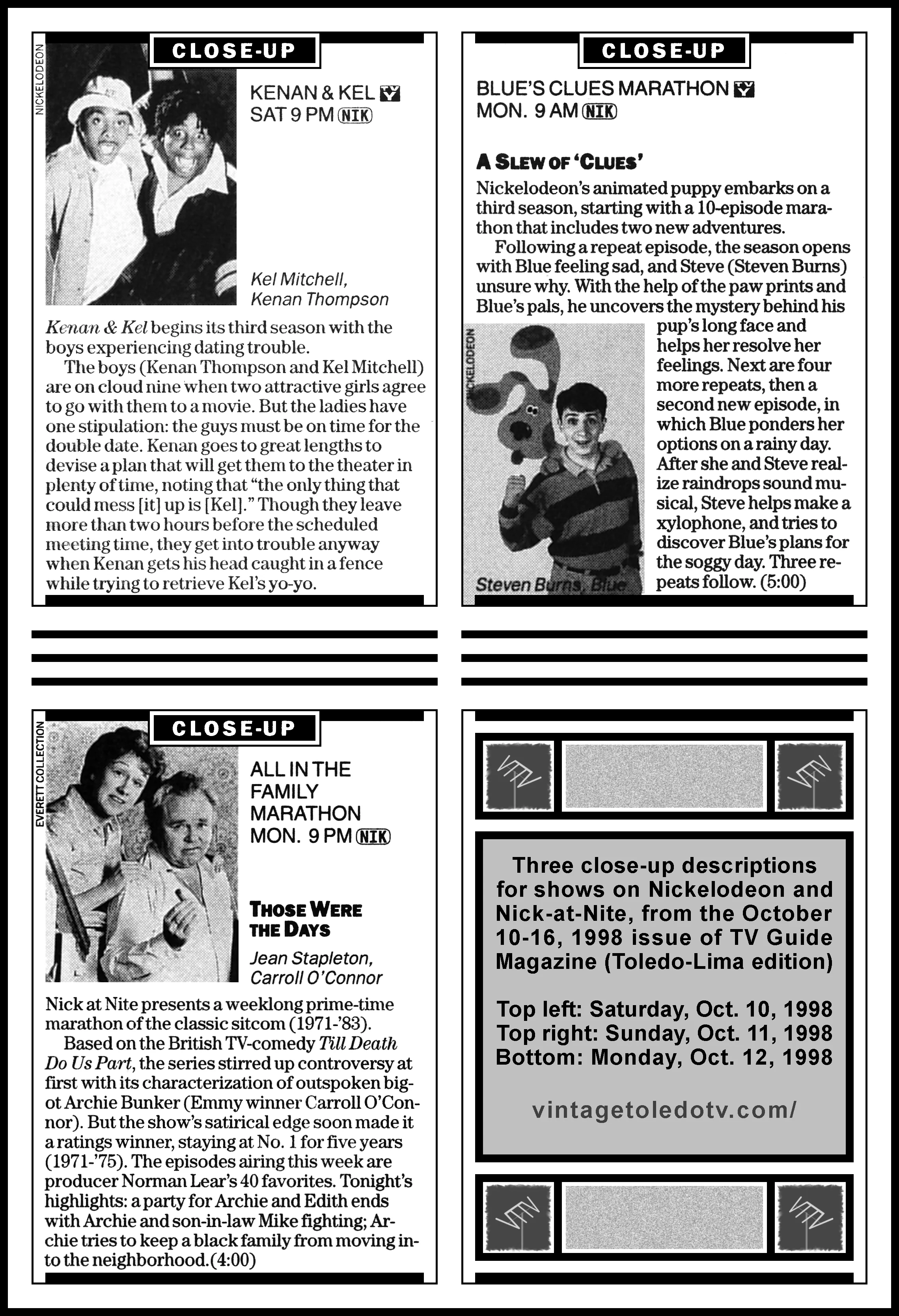 Ocotber 10-16, 1998 TV Guide Magazine (Topledo-Lima edition) Three close-ups for shows on Nickelodeon and Nick-at-Nite