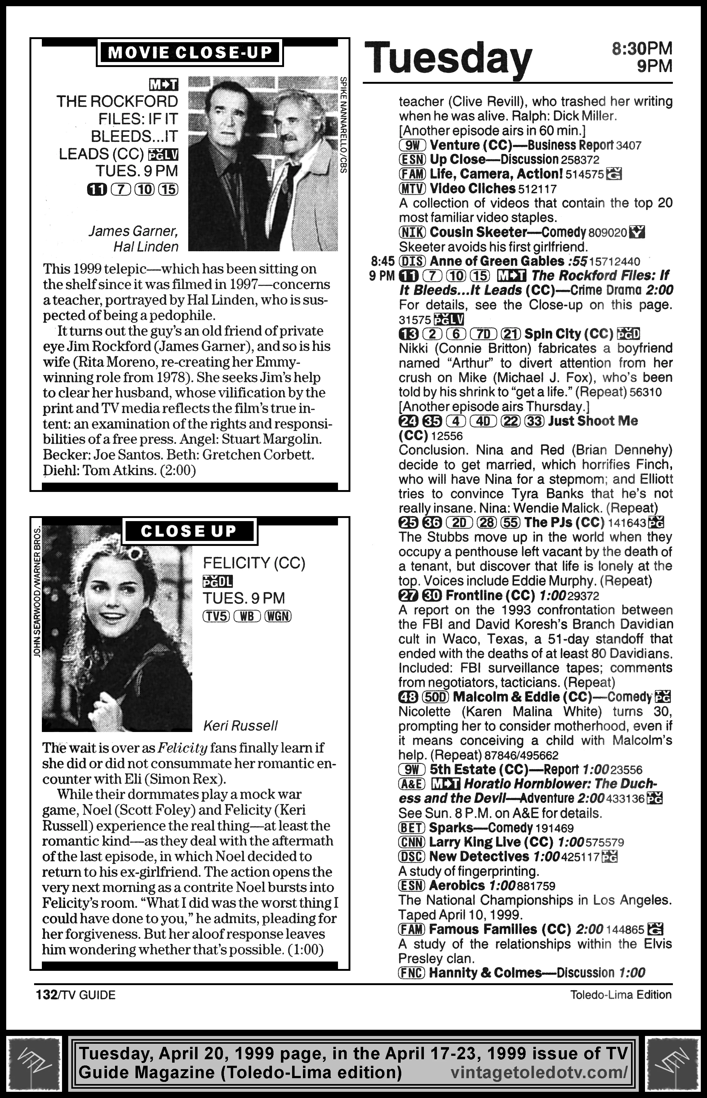 April 17-23, 1999 TV Guide Magazine (Toledo-Lima edition) page 132