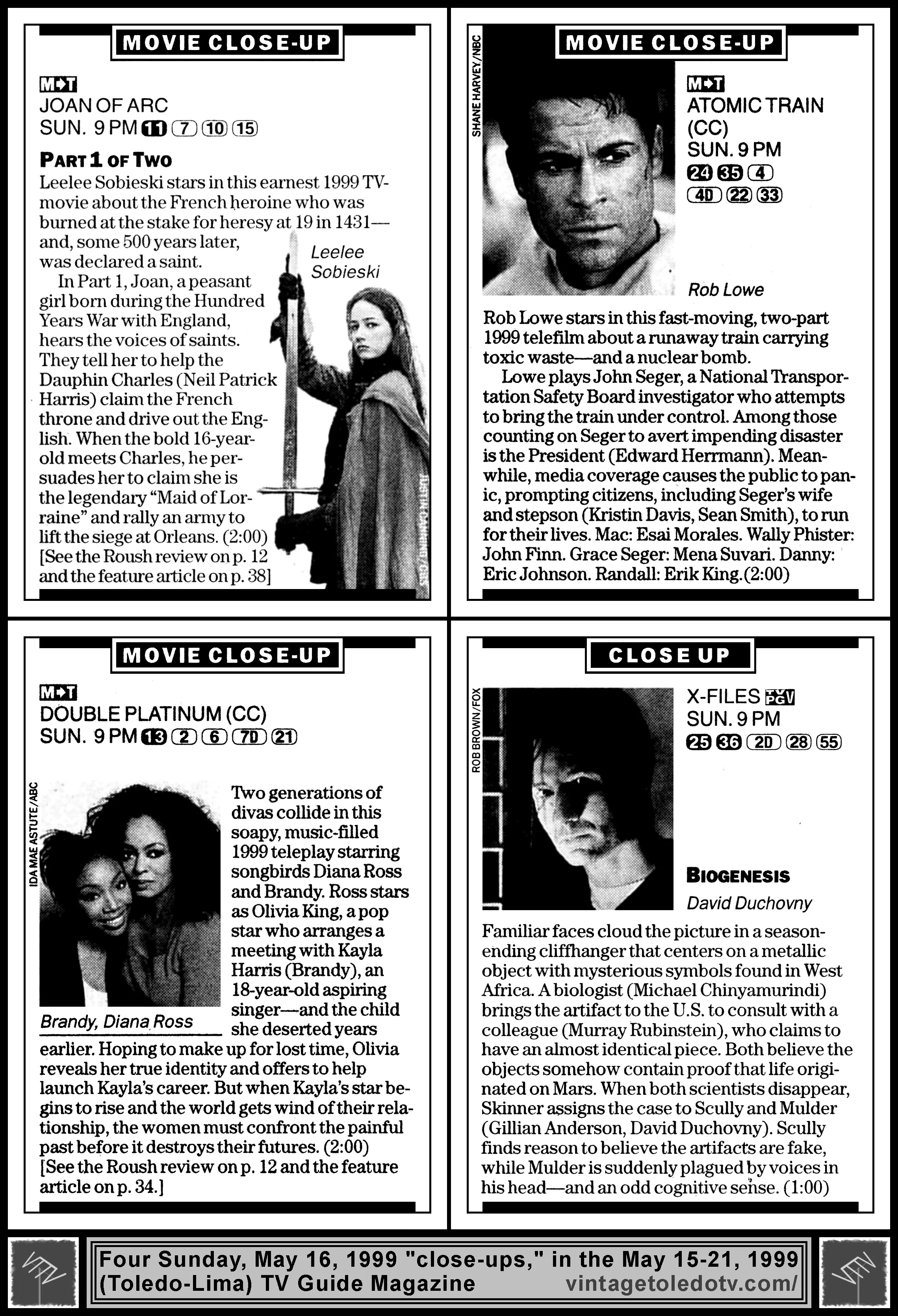 May 15-21, 1999 TV Guide Magazine (Toledo-Lima edition) Four Sunday, 5/16/99 close-ups
