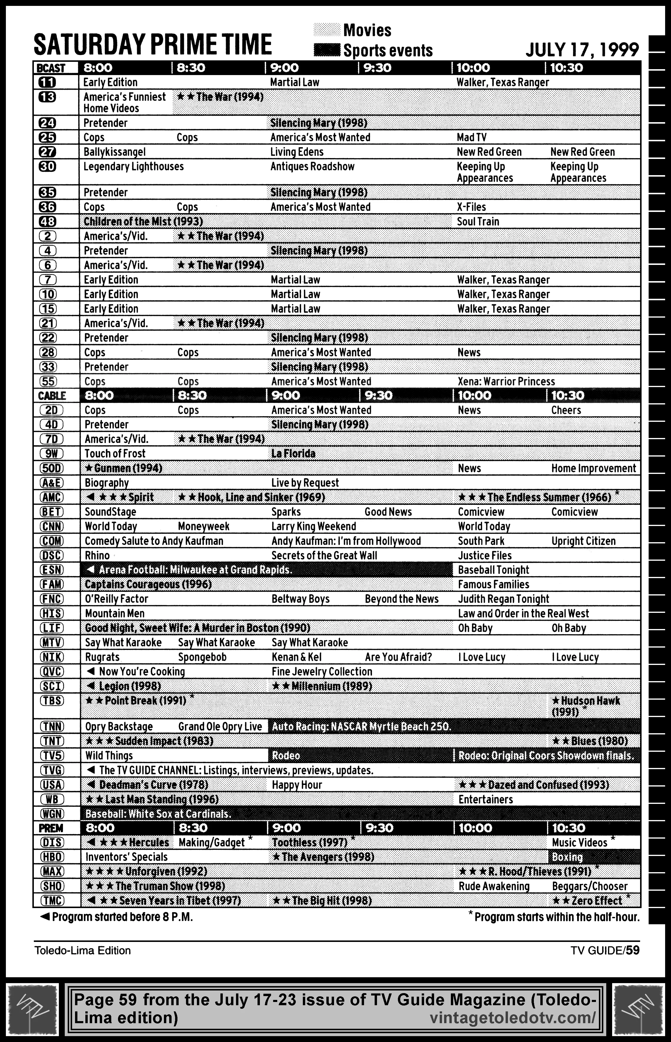 July 17-23, 1999 TV Guide Magazine (Toledo-Lima edition) page 59 (Saturday Prime Time Grid)
