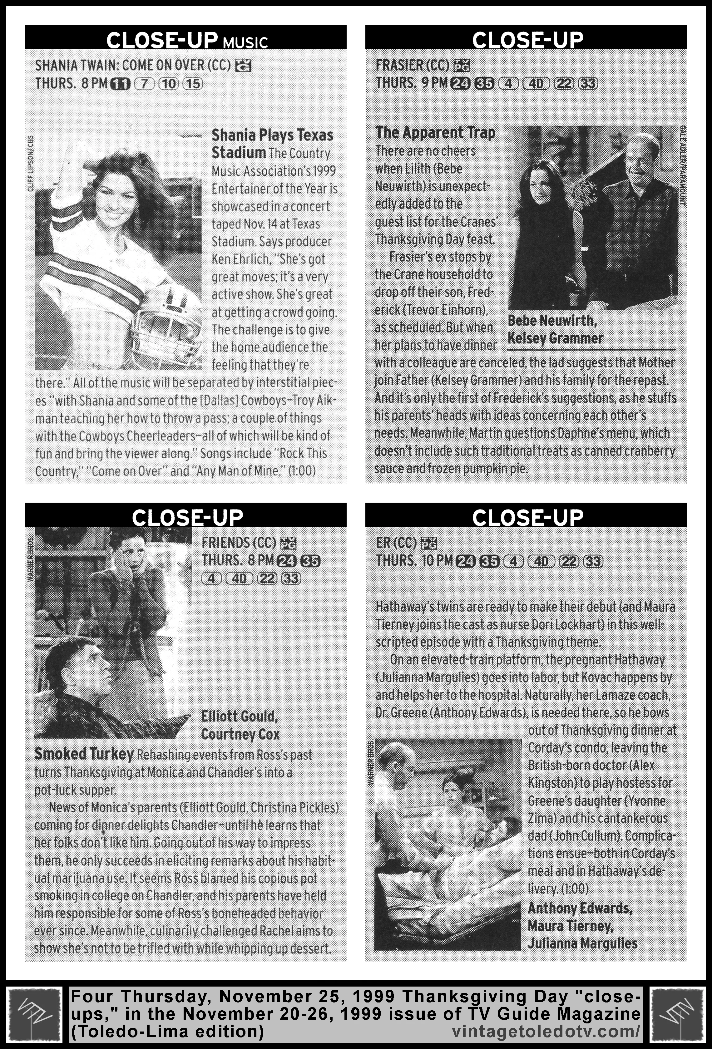 November 20-26, 1999 TV Guide Magazine (Toledo-Lima edition) Four Thanksgiving Day close-ups