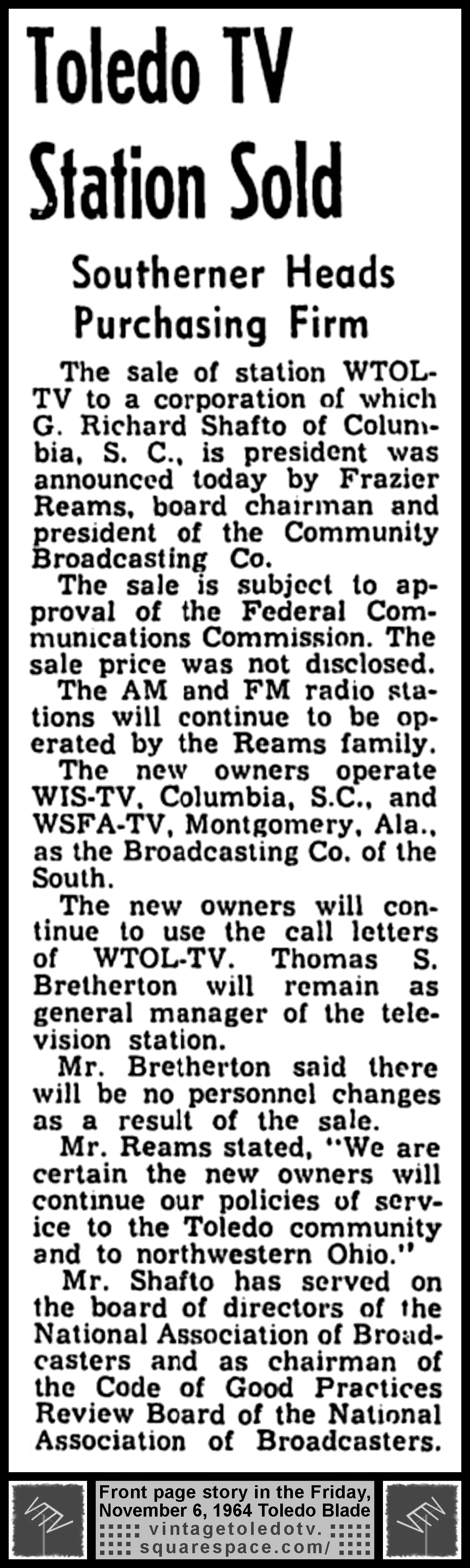 "Toledo TV Station Sold," Fri. 11/6/64 front page story in The Blade.
