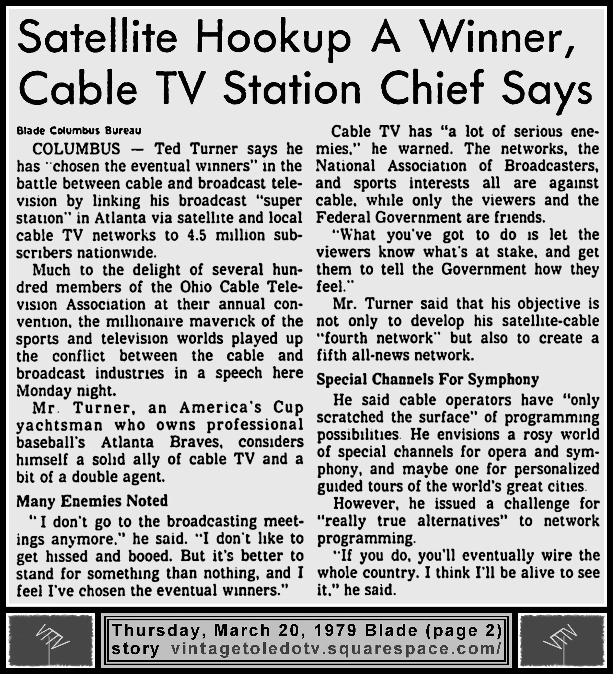 "Satellite Hookup A Winner, Cable TV Station Chief Says," on page 2 of The Blade's Thu. 3/20/79 edition