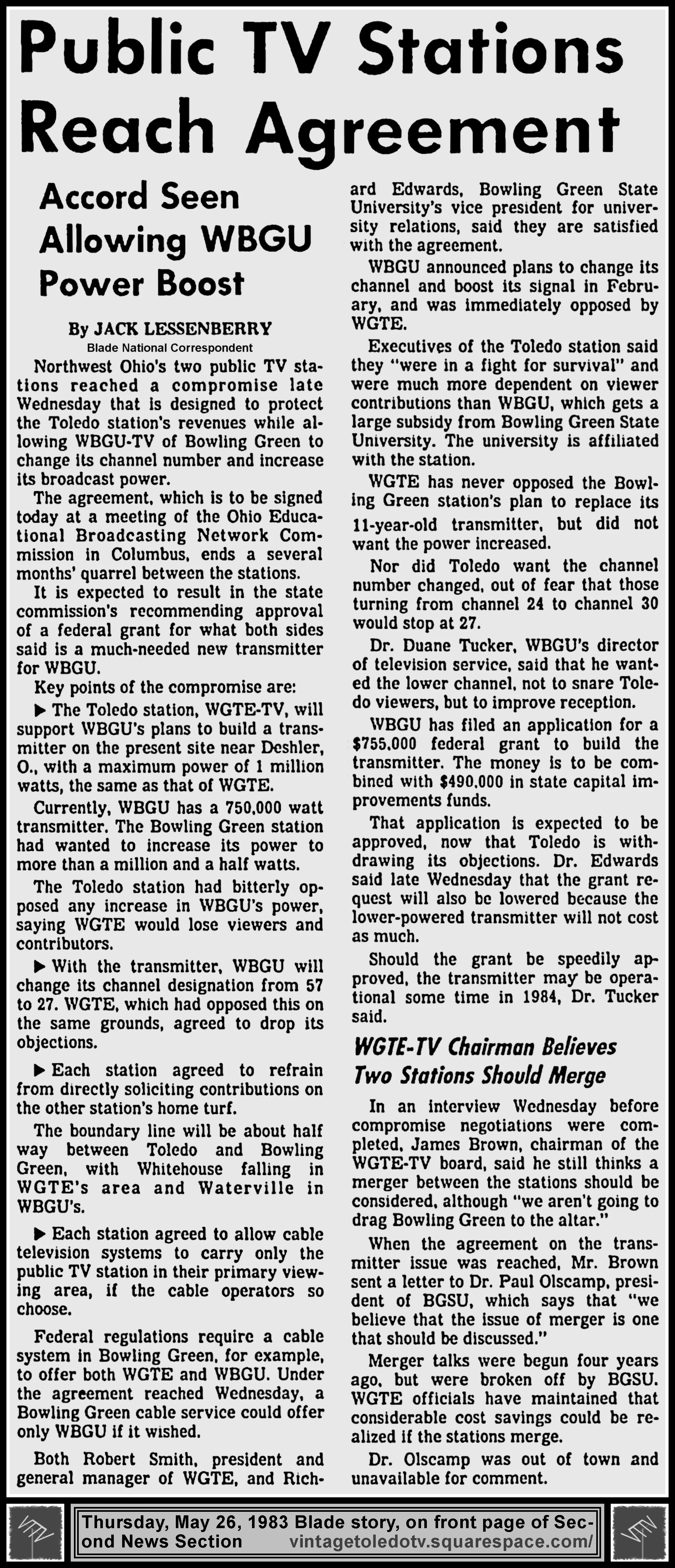 "Public TV Stations Reach Agreement" by Jack Lessenberry, on the front page of The Blade's Thu. 5/26/83 edition