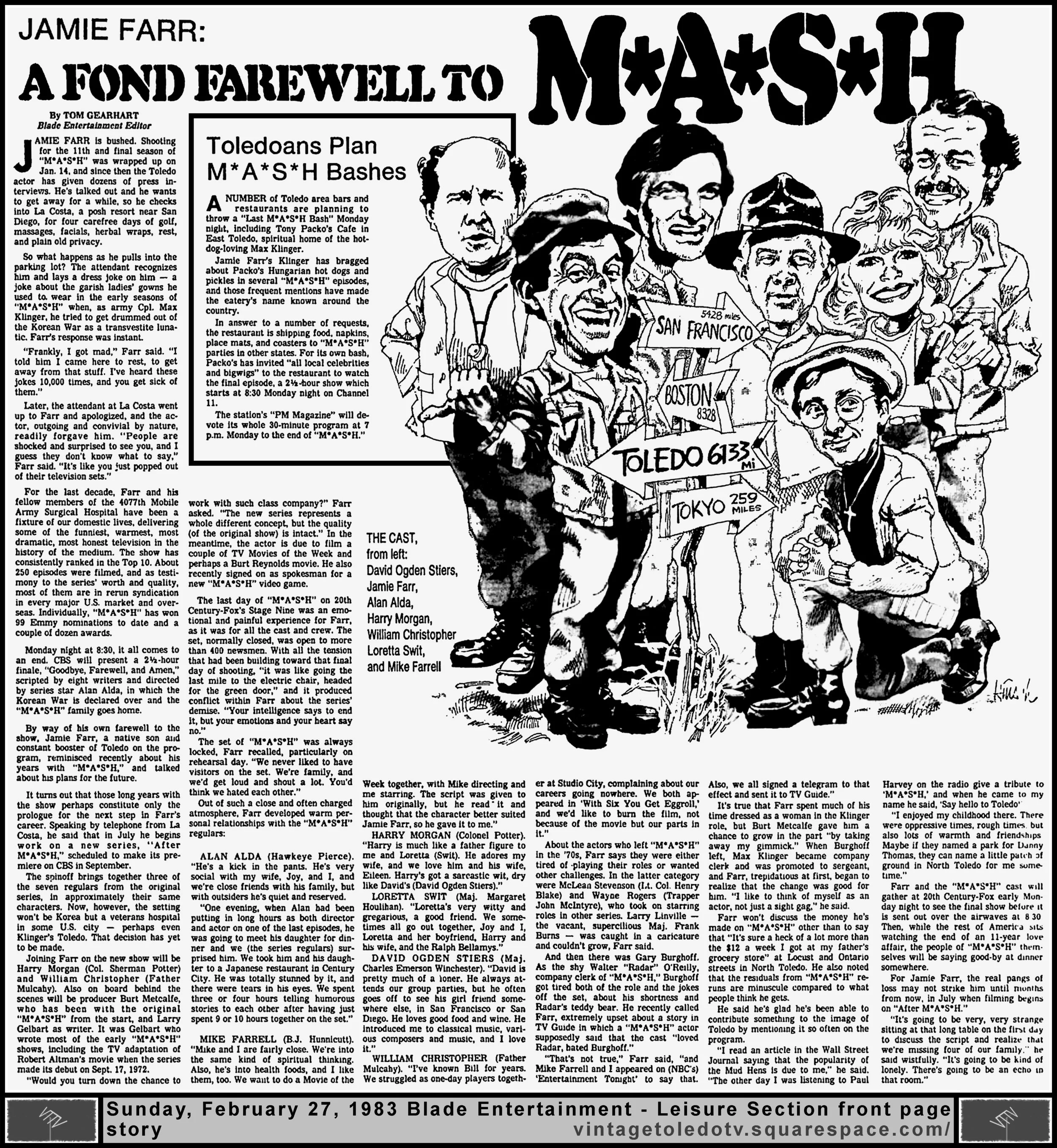 "Jamie Farr: A Fond Farewell to M*A*S*H" by Tom Gearhart, in The Blade's Sun. 2/27/83 Entertainment-Leisure Section