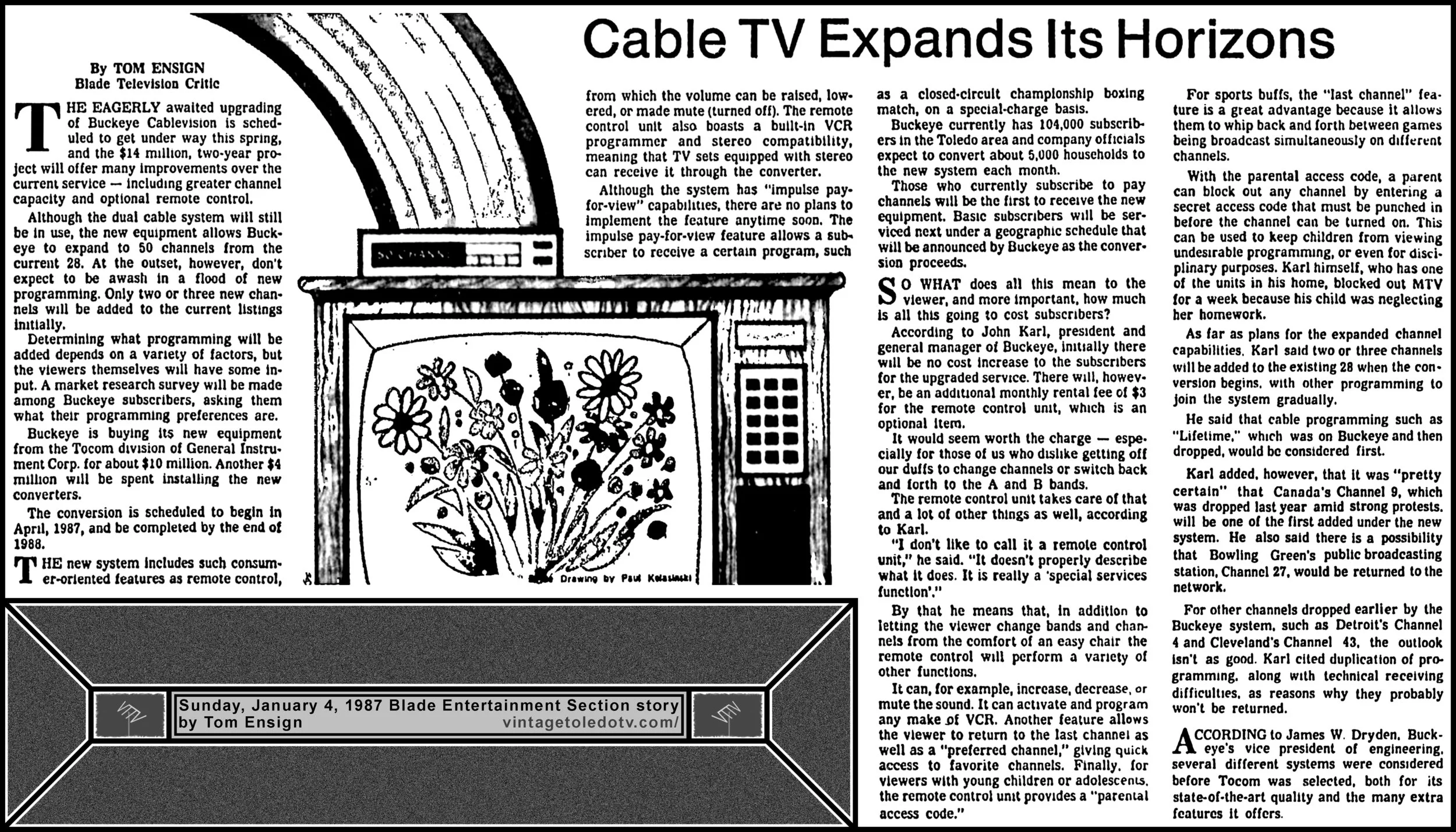 "Cable TV Expands Its Horizons" by Tom Ensign, in The Blade's Sun. 1/4/87 Entertainment Section