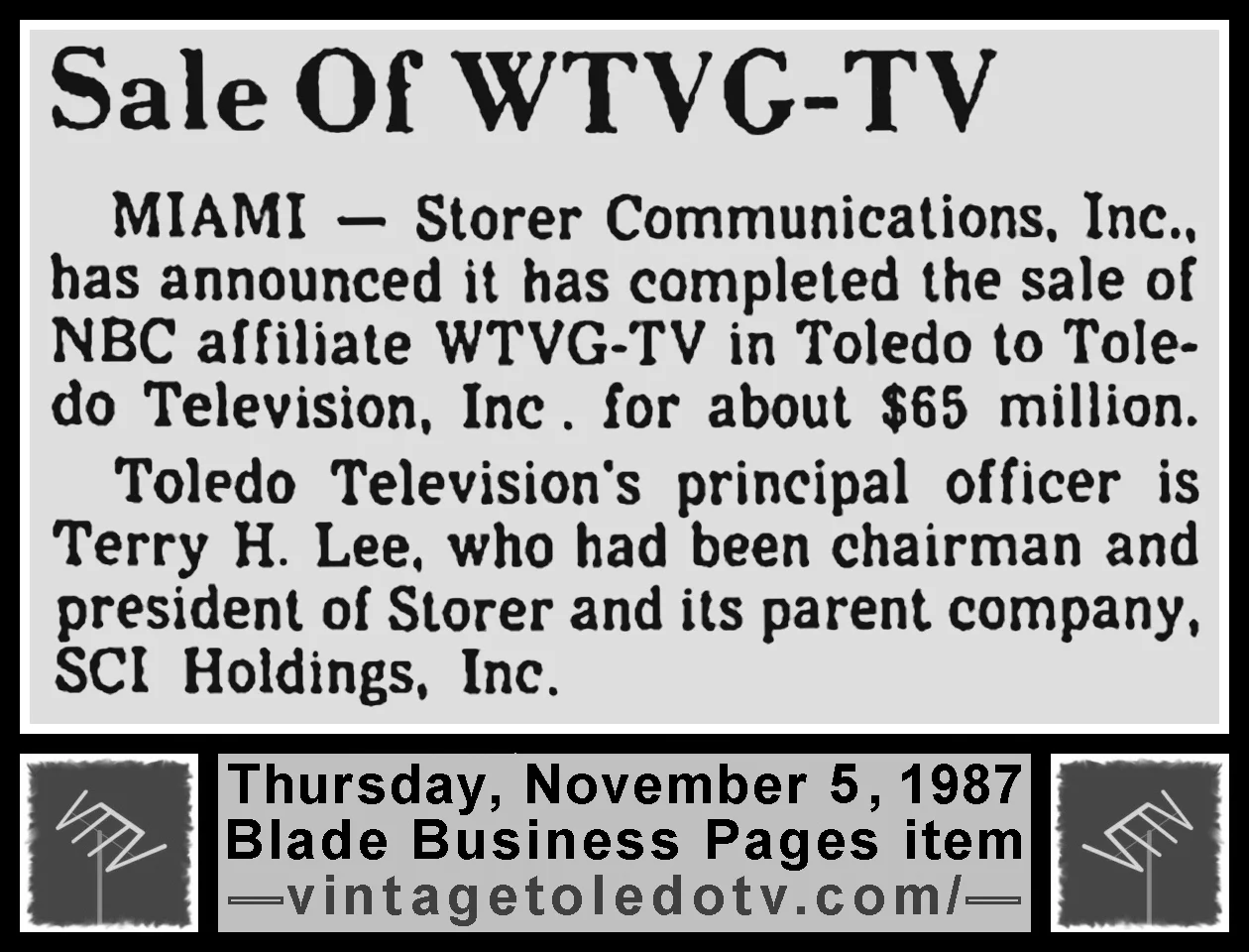 "Sale of WTVG-TV," in The Blade's Thu. 11/5/87 Business Pages