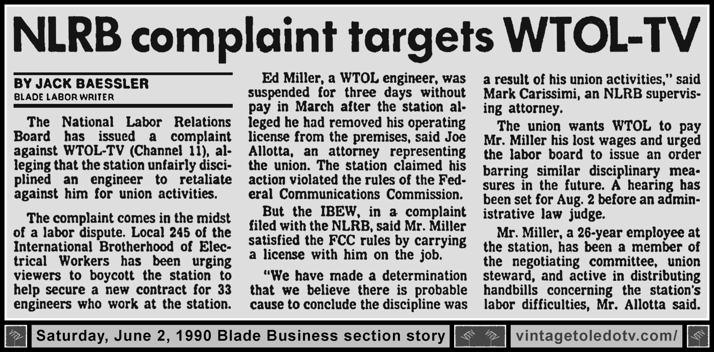 "NLRB Complaint Targets WTOL-TV" by Jack Baessler, in The Blade's Sat. 6/2/90 Business Section