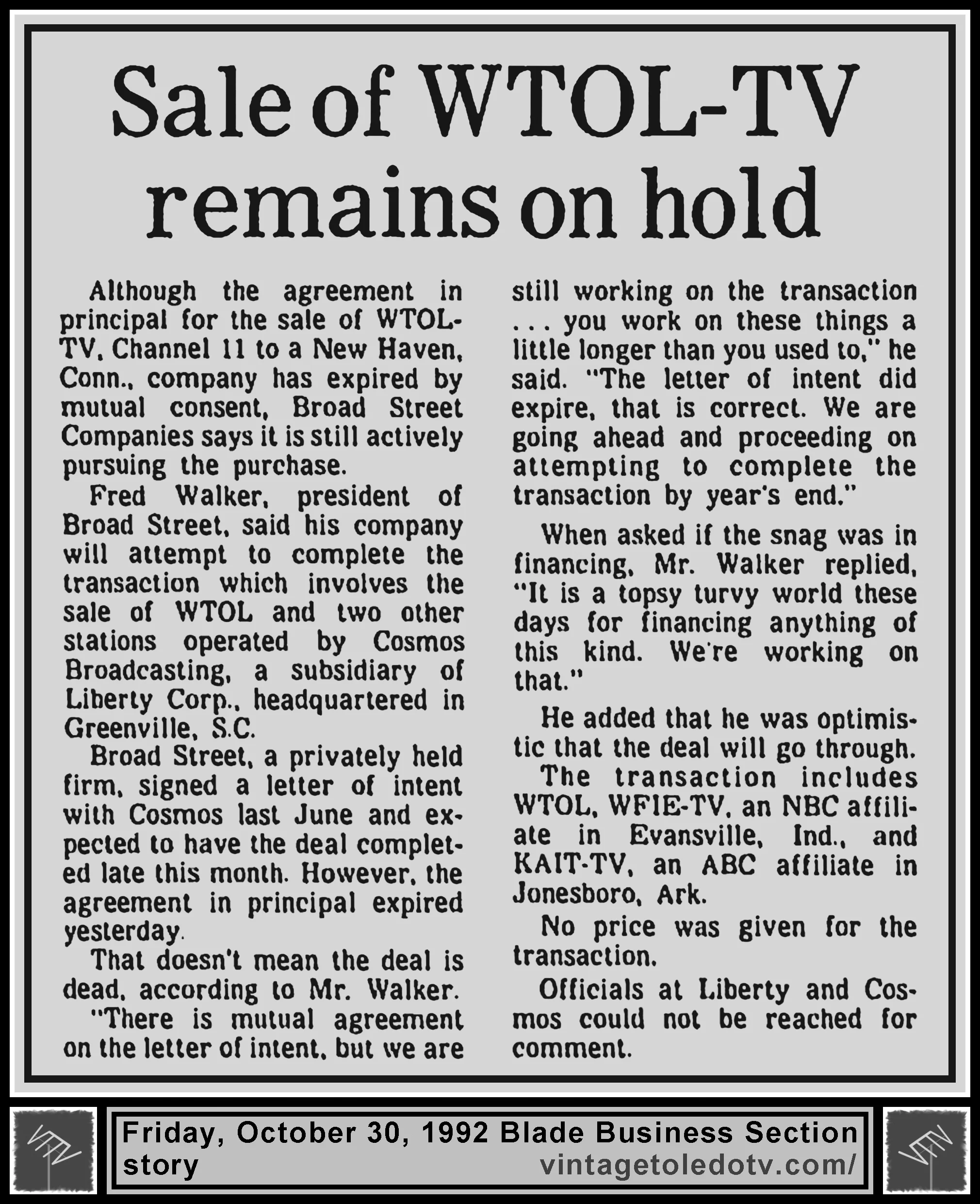 "Sale of WTOL-TV Remains on Hold," in The Blade's Friday, 10/30/62 Business Section