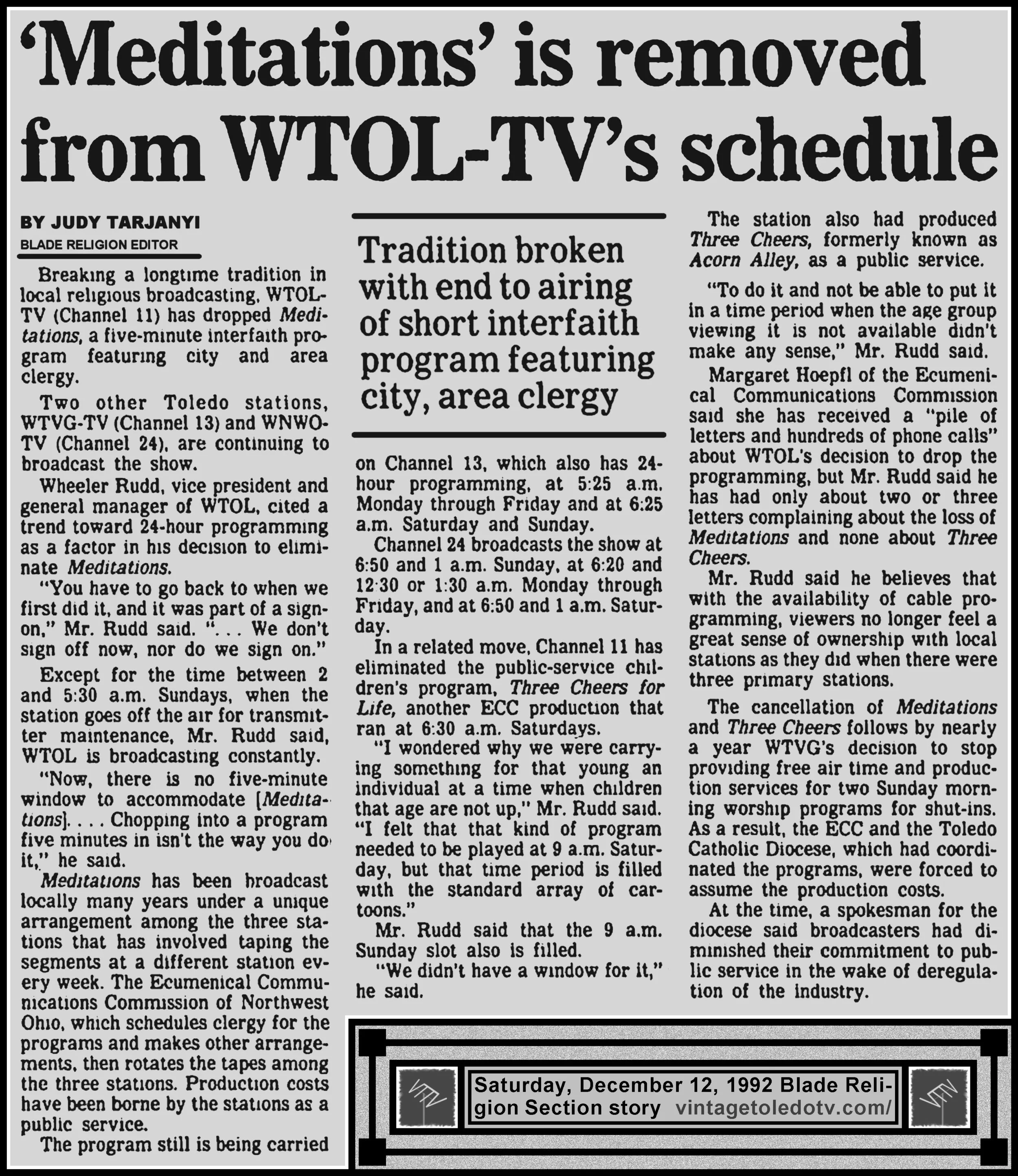 "'Meditations' Is Removed from WTOL-TV's Schedule" by Judy Tarjanyi, in The Blade's Saturday, 12/12/92 Religion Section