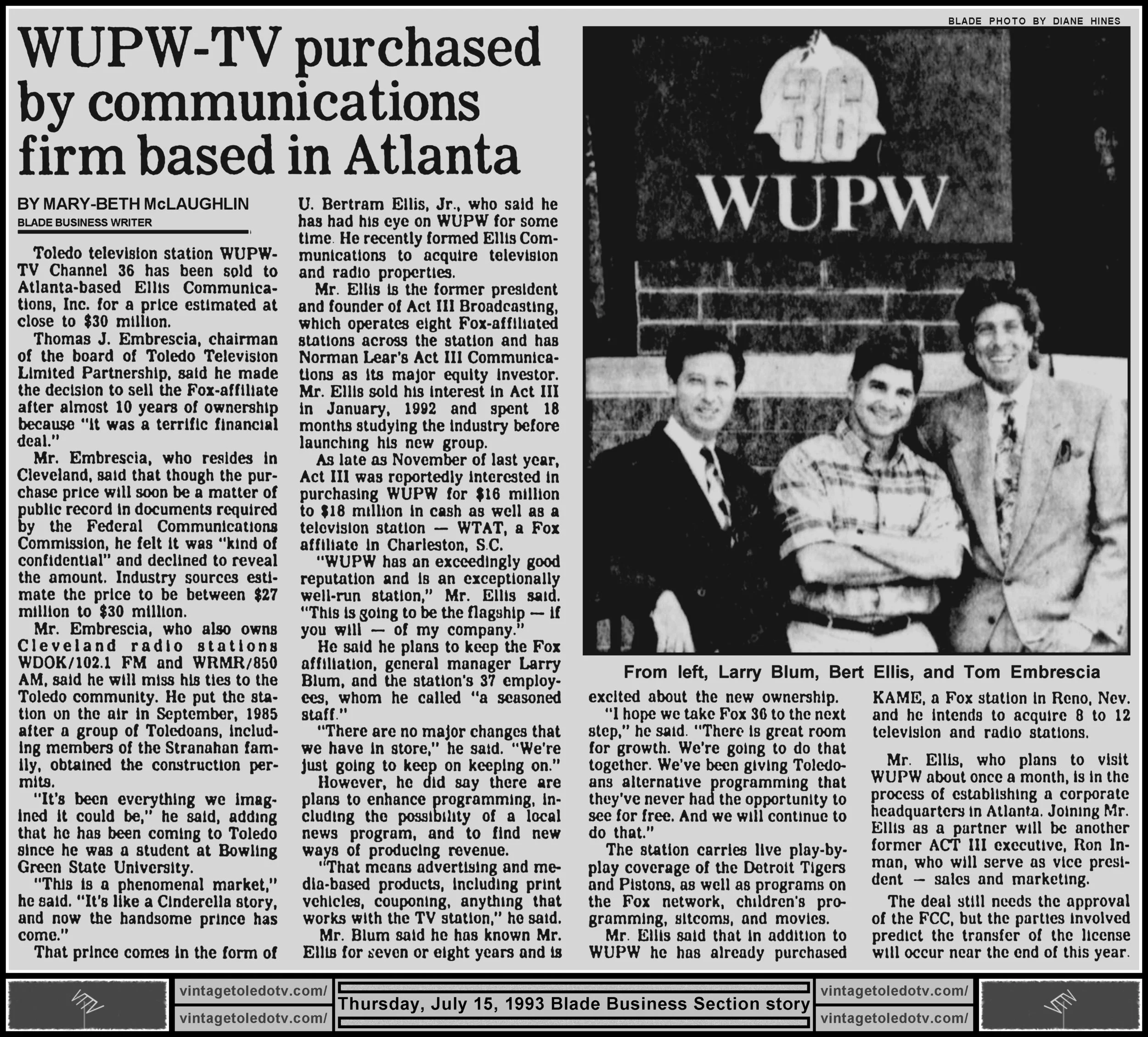 "WUPW-TV Purchased by Communications Firm Based in Atlanta" by Mary-Beth McLaughlin, in The Blade's Thu. 7/15/93 Business Section