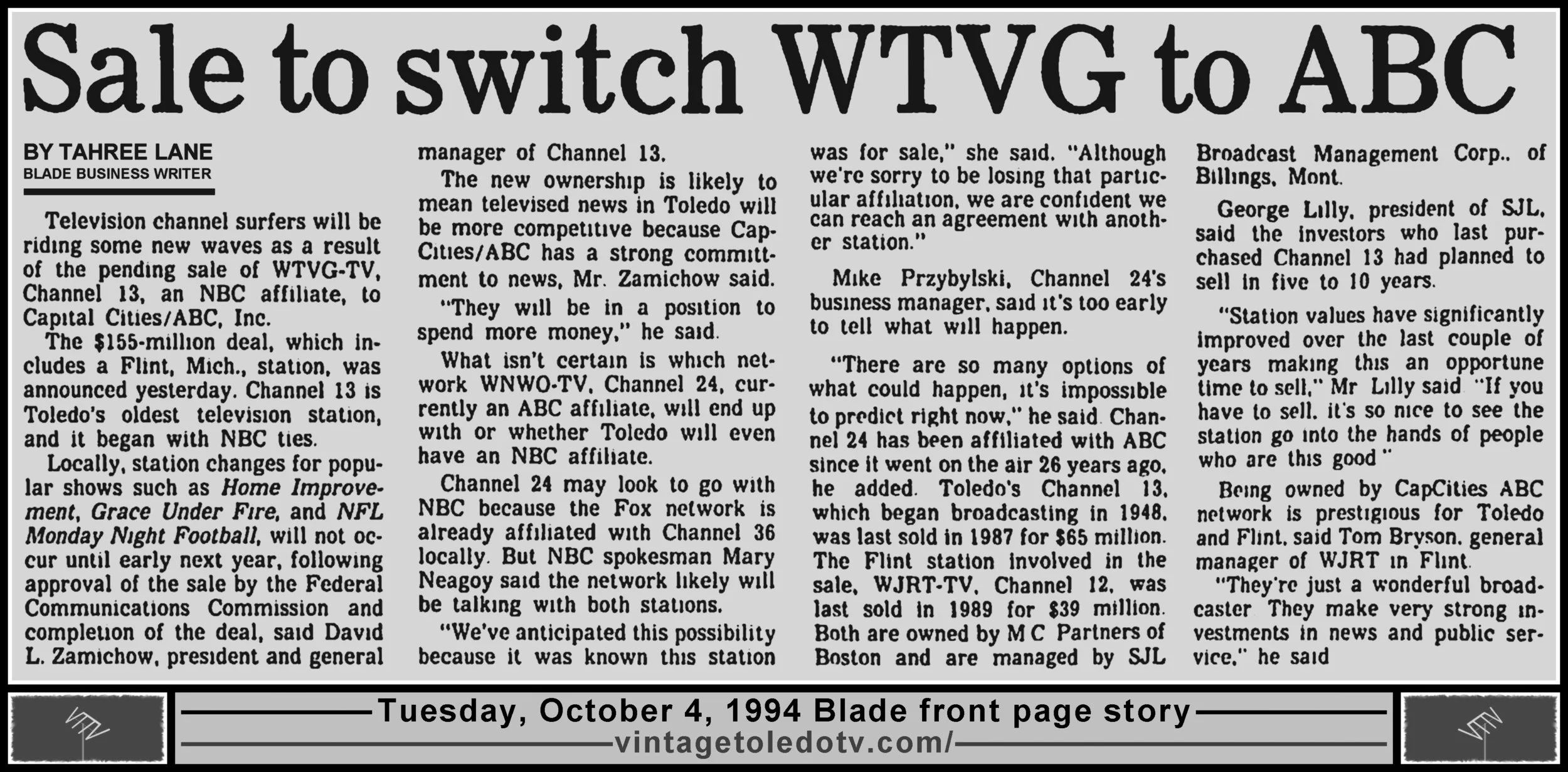 "Sale to Switch WTVG to ABC" by Tahree Lane, on The Blade's Tuesday, 10/4/94 front page