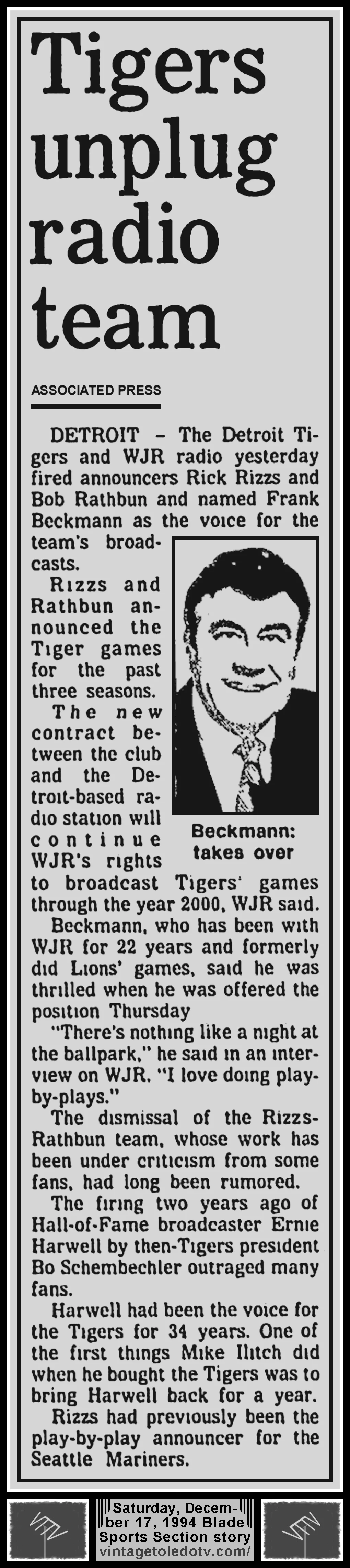 "Tigers Unplug Radio Team," Sat. 12/7/94 AP story in The Blade Sports Section