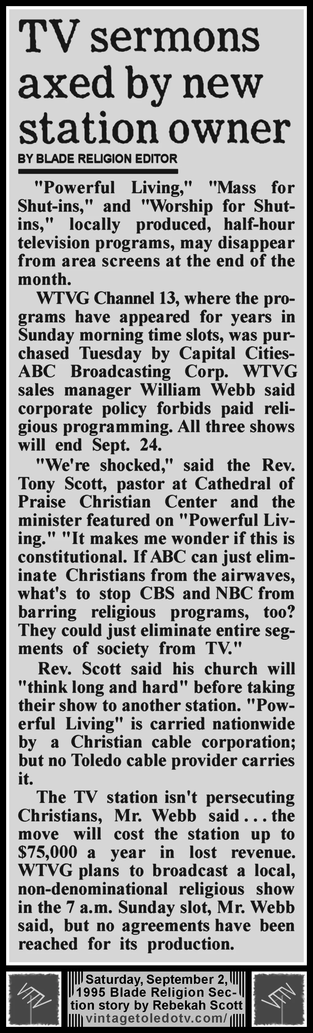 "TV Sermons Axed By New Station Owner" by Rebekah Scott, in The Blade's Saturday, 9/2/95 Religion Section