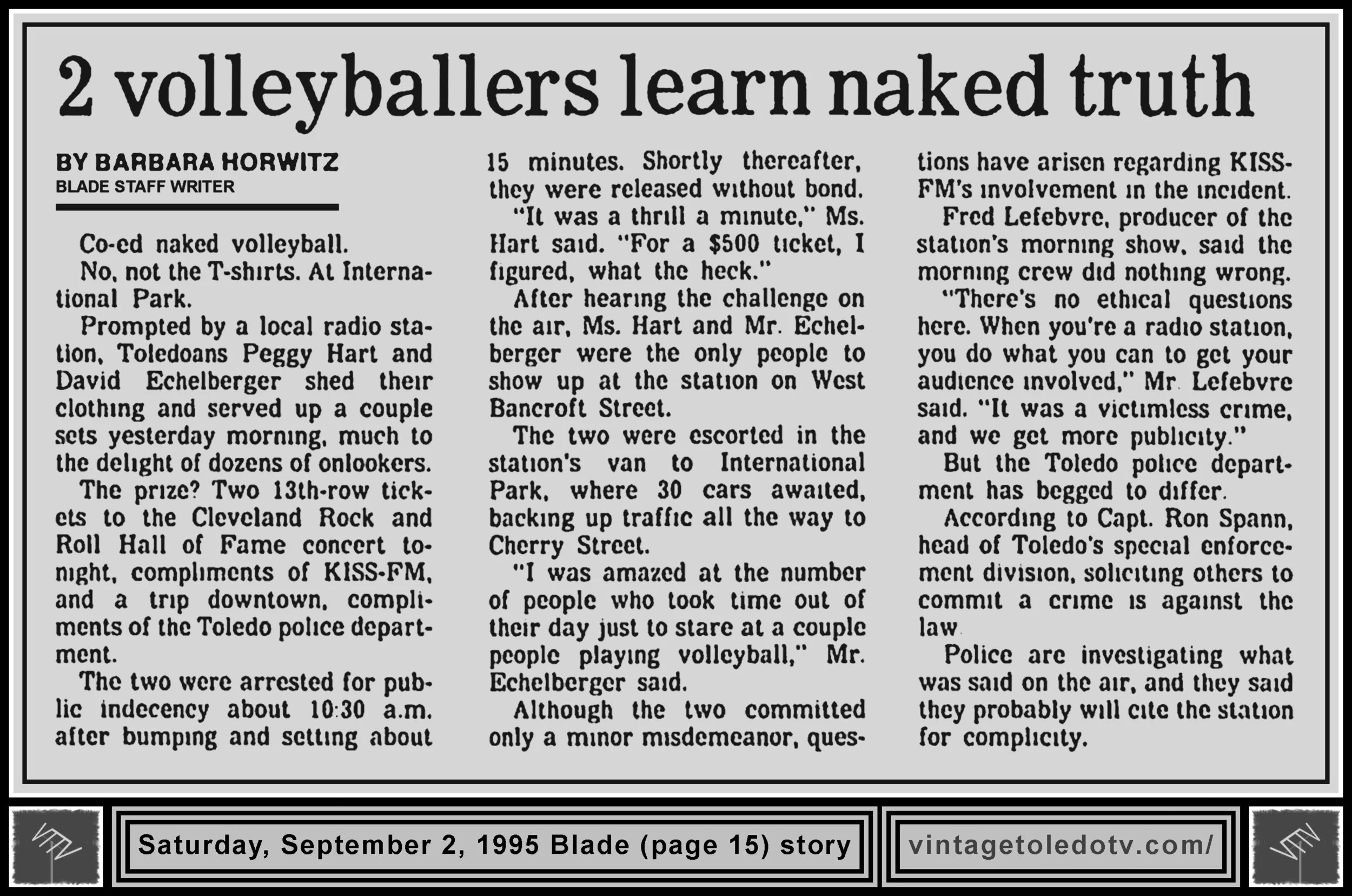 "2 Volleyballers Learn Naked Truth" by Barbara Horwitz, in The Blade's Sat. 9/2/95 edition
