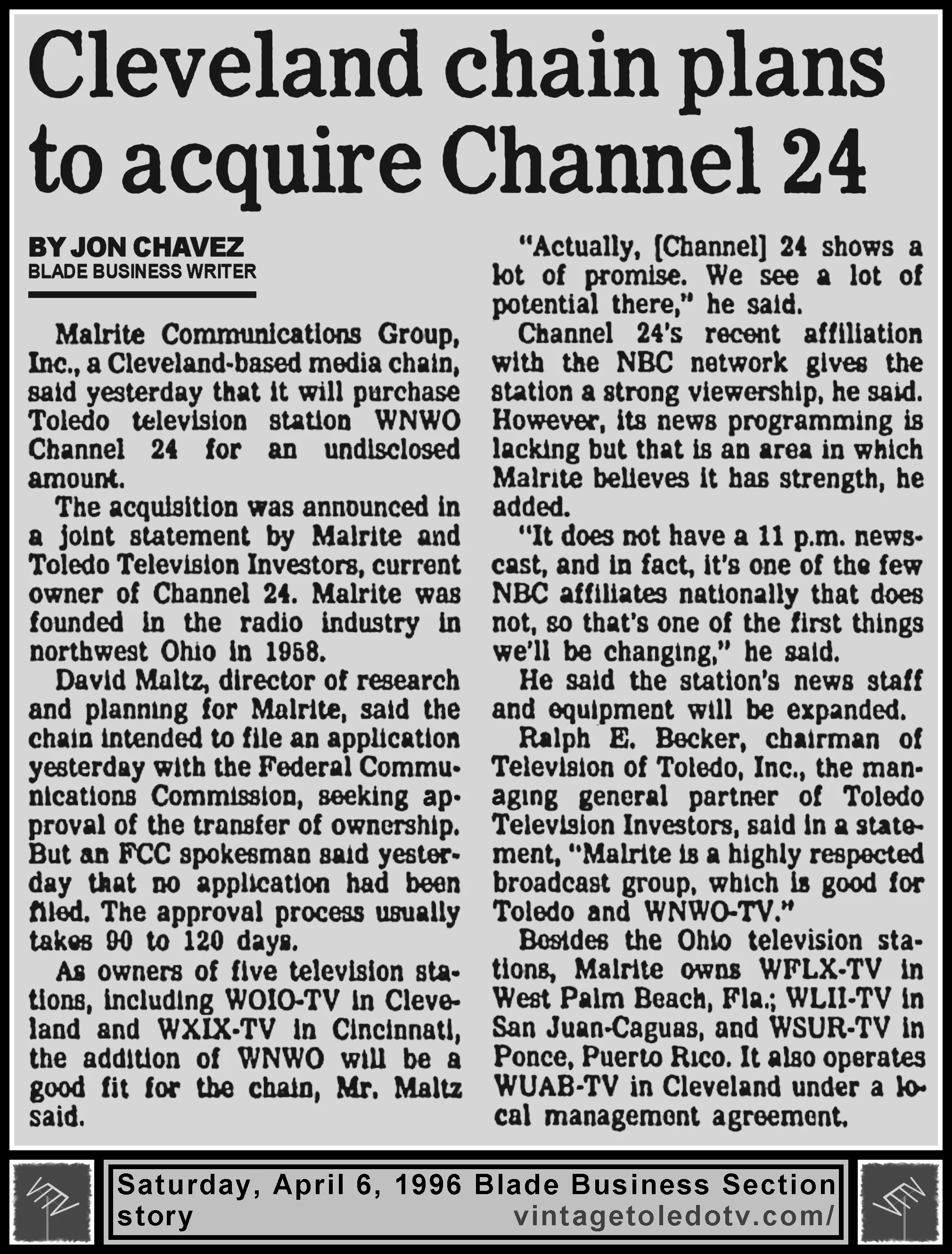"Cleveland Chain Plans to Acquire Channel 24" by Jon Chavez, in The Blade's Saturday, 4/6/96 Business Section