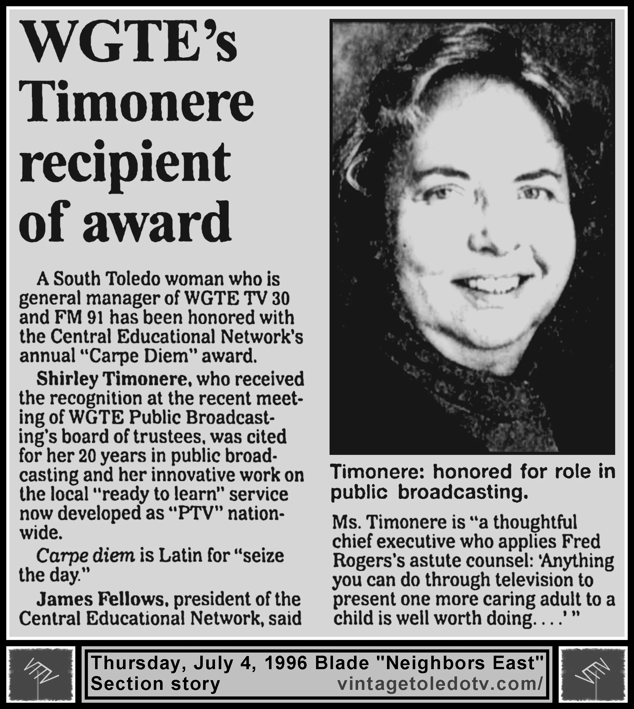WGTE's Timonere Recipient of Award," in The Blade's Thu. 7/4/96 "Neighbors East" Section