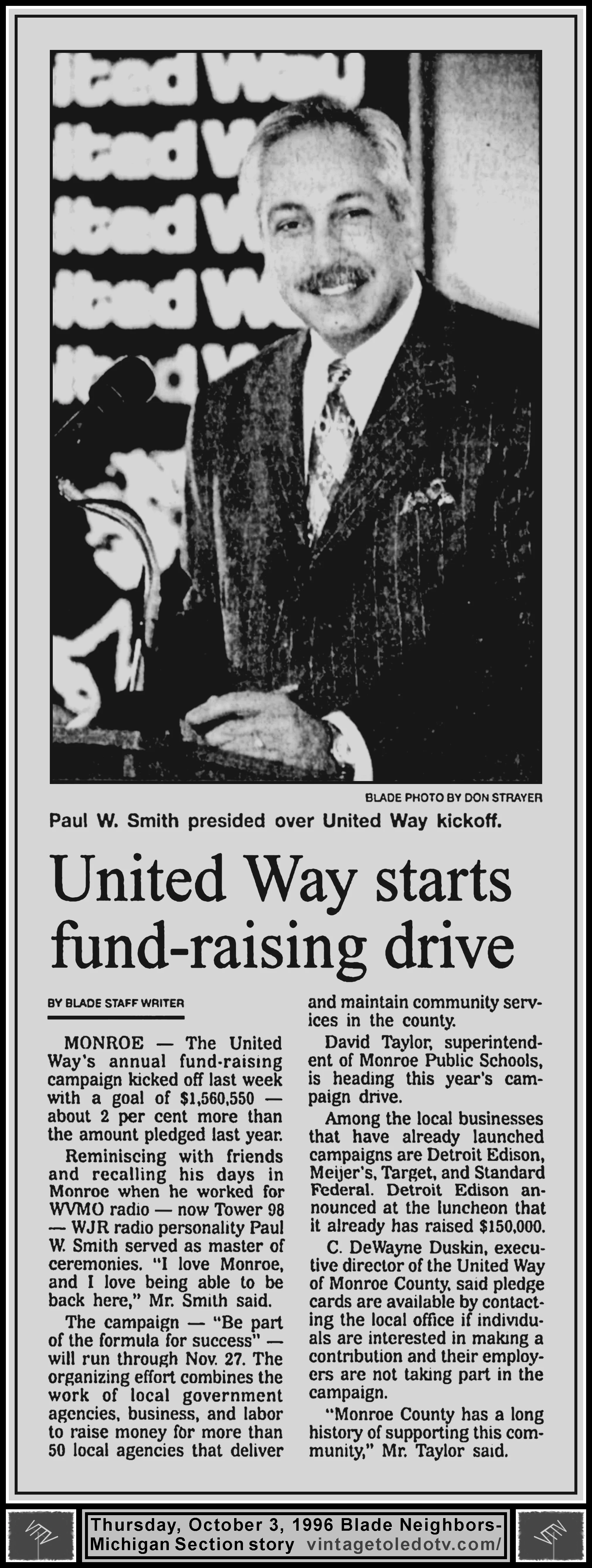 "United Way Starts Fund-Raising Drive," in The Blade's Thursday, 10/3/96 "Neighbors-Michigan" Section