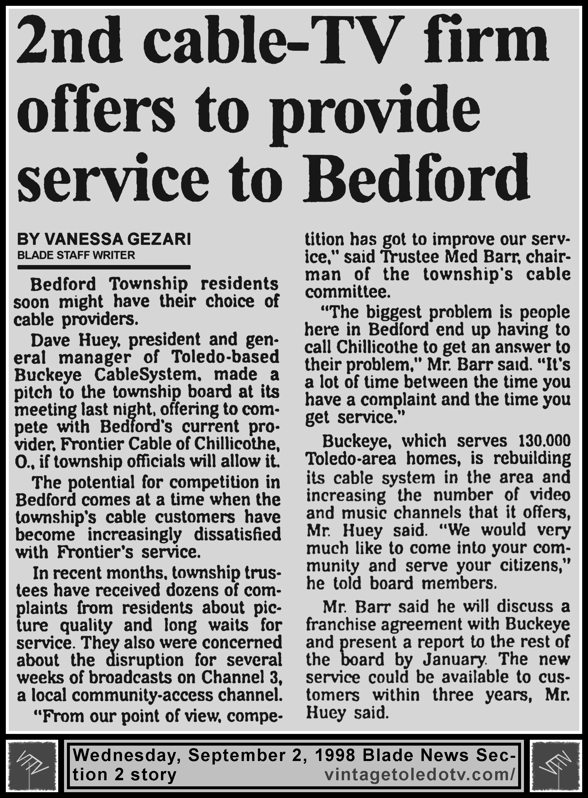 "2nd Cable-TV Firm Offers to Provide Service to Bedford" by Vanessa Gezari, in The Blade's Wed. 9/2/98 News Section 2