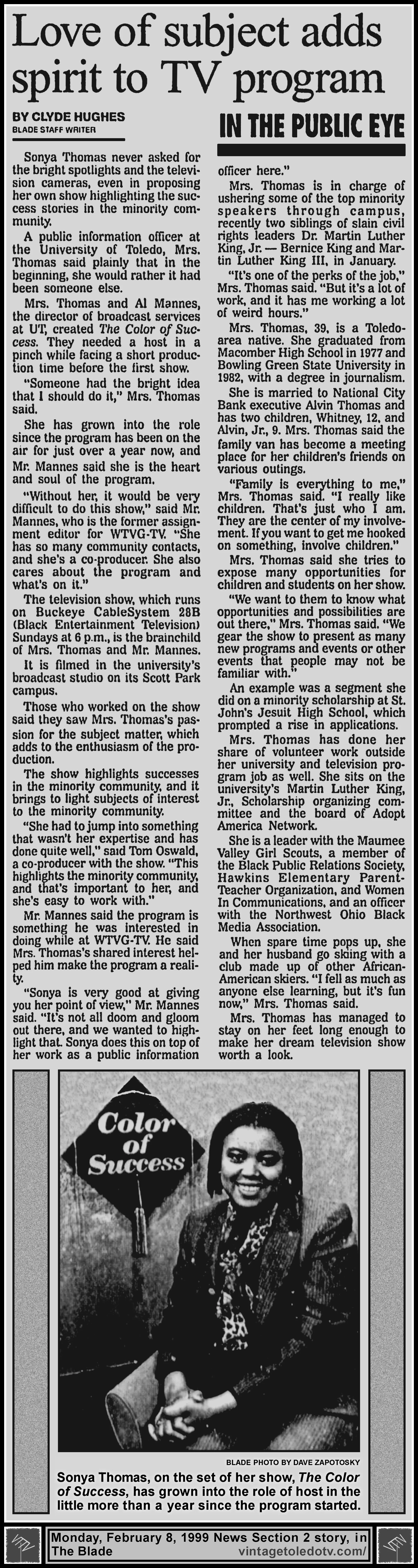 "Love of Subject Adds Spirit To TV Program" by Clyde Hughes, in The Blade's Monday, 2/8/99 News Section 2