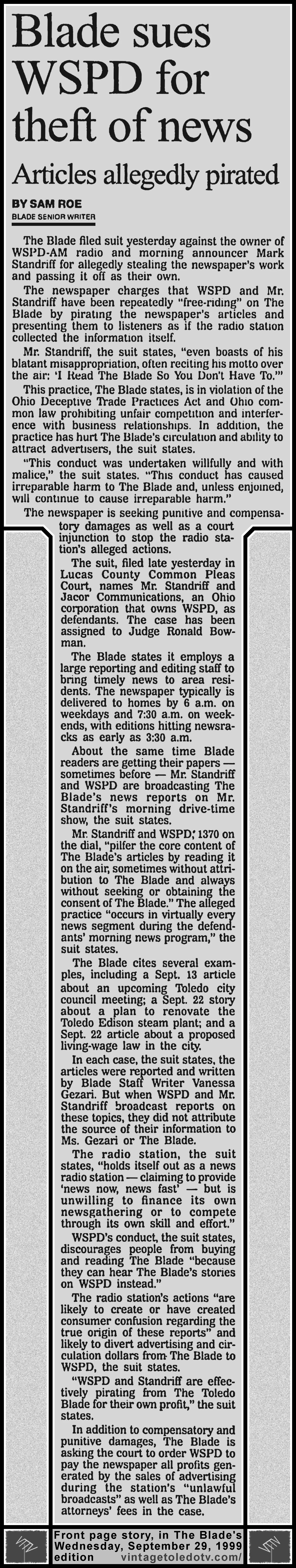 "Blade Sues WSPD for Theft of News" by Sam Roe, on The Blade's Wednesday, 9/29/99 front page