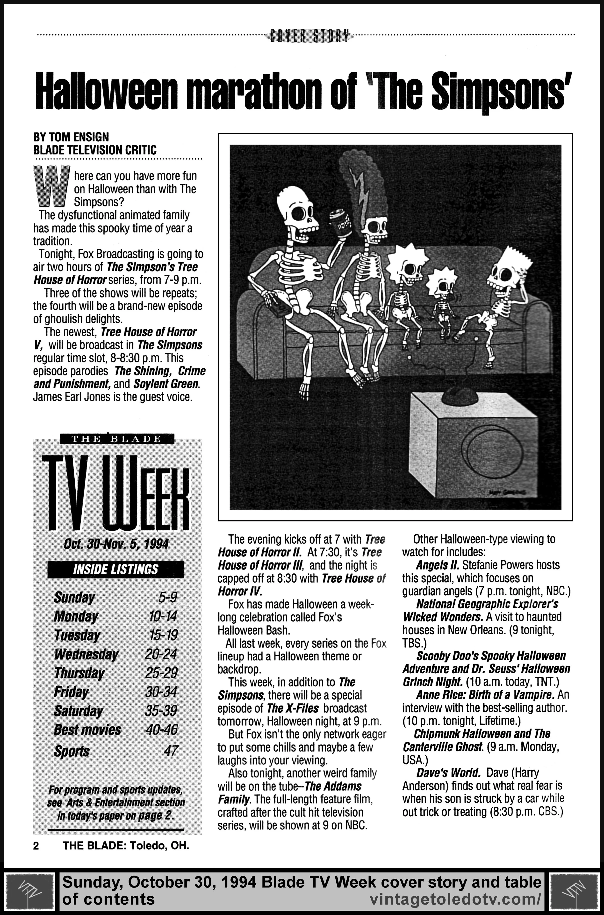 "Halloween Marathon of 'The Simpsons'" by Tom Ensign, in The Blade's Sunday, 10/30/94 TV Week