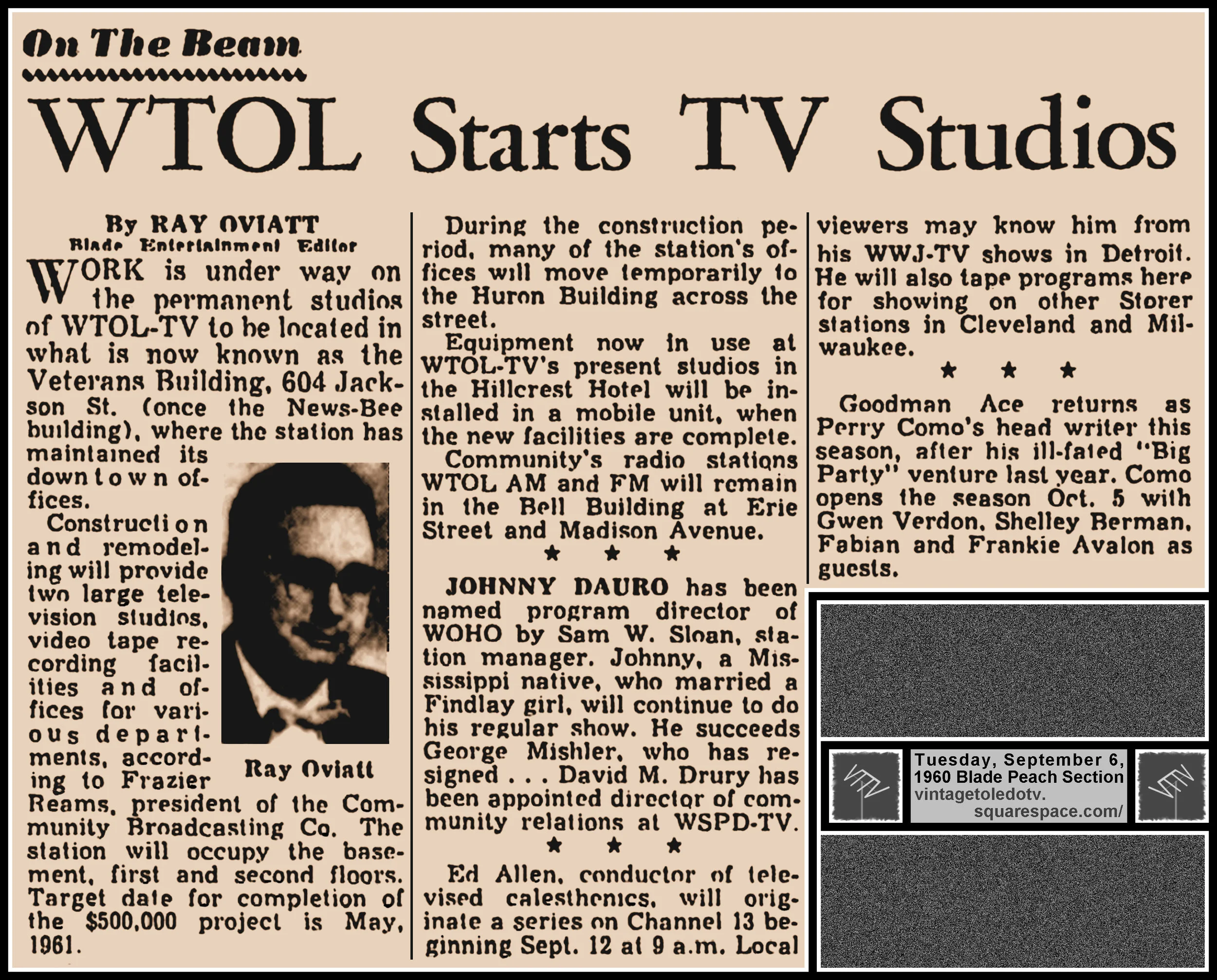 On The Beam "WTOL Starts TV Studios" by Ray Oviatt, in The Blade's Tue. 9/6/60 Peach Section)