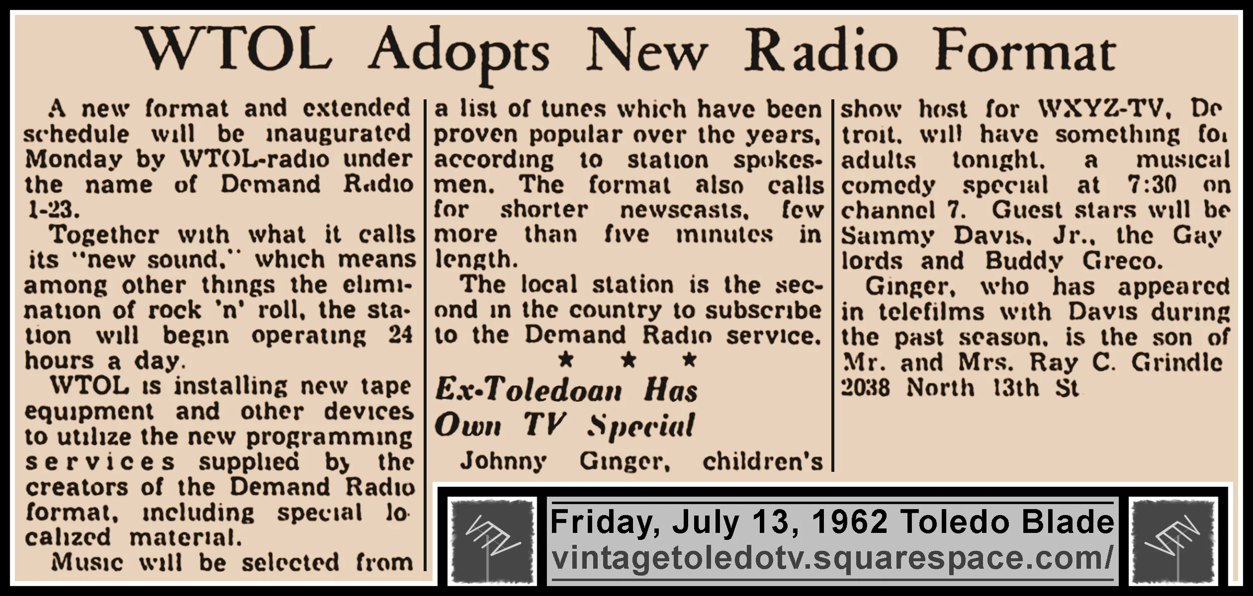 "WTOL Adopts New Radio Format," in The Blade's Fri. 7/13/62 Peach Section)