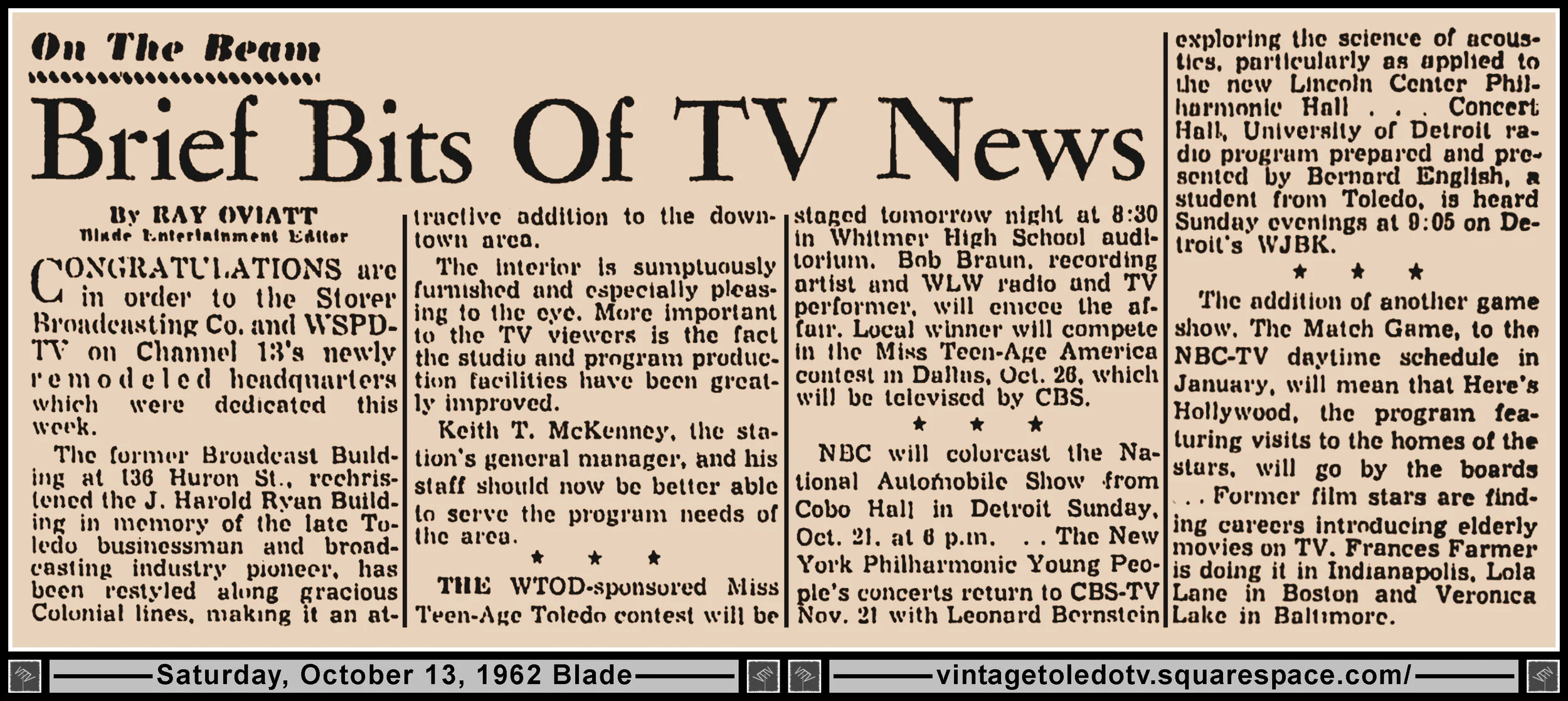 On The Beam "Brief Bits of TV News" by Ray Oviatt, in The Blade's Sat. 10/13/62 Peach Section