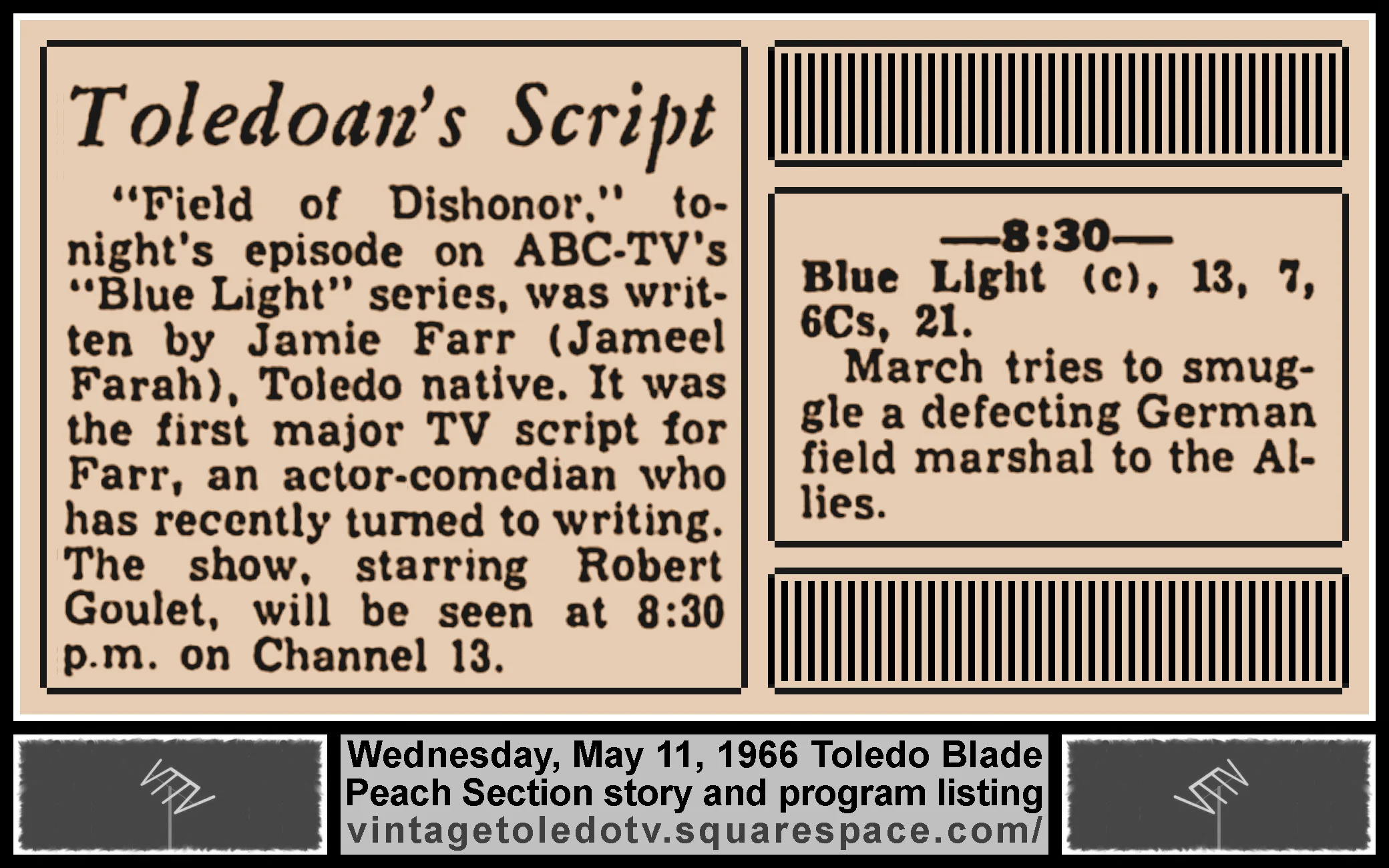 "Toledoan's Script," in The Blade's Wed. 5/11/66 Peach Section