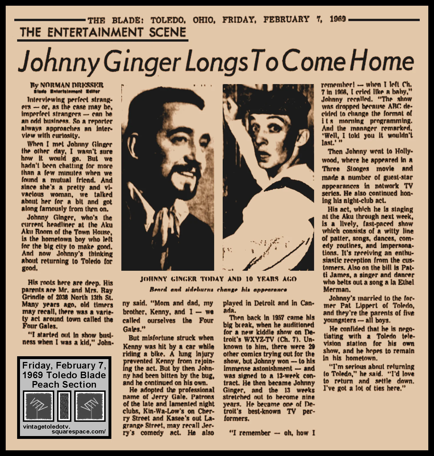"Johnny Ginger Longs To Come Home" by Norman Dresser, in The Blade's Fri. 2/7/60 Peach Section
