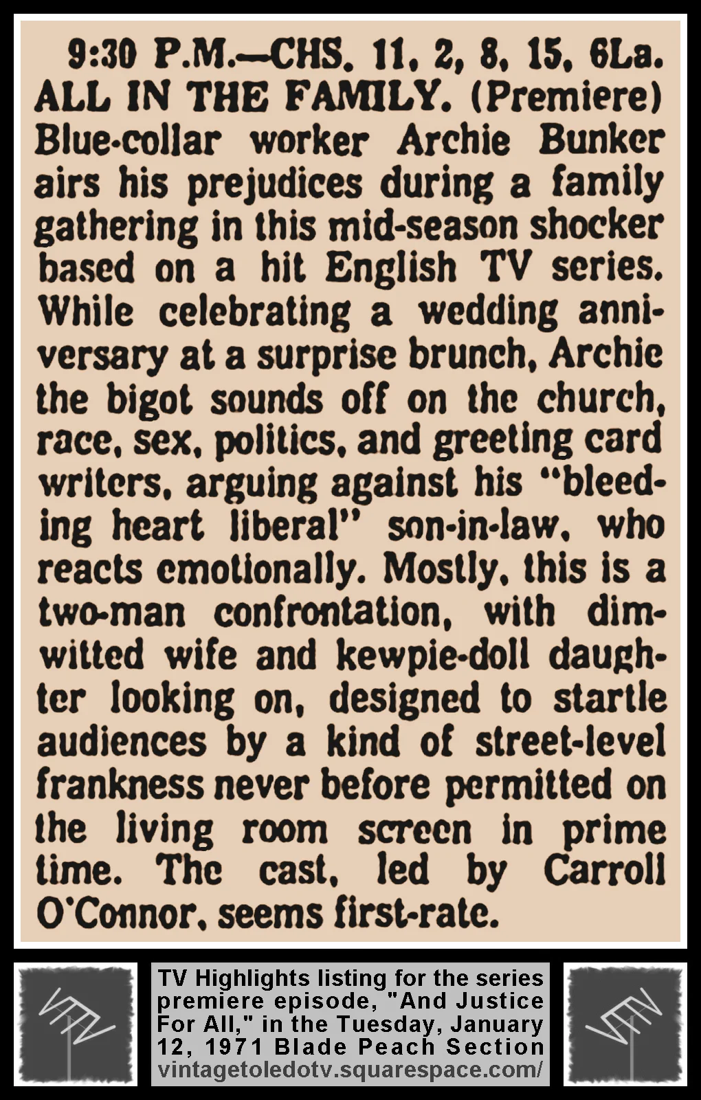 Tue. 1/12/71 Blade Peach Section TV Highlights listing for the premiere of All in the Family on CBS